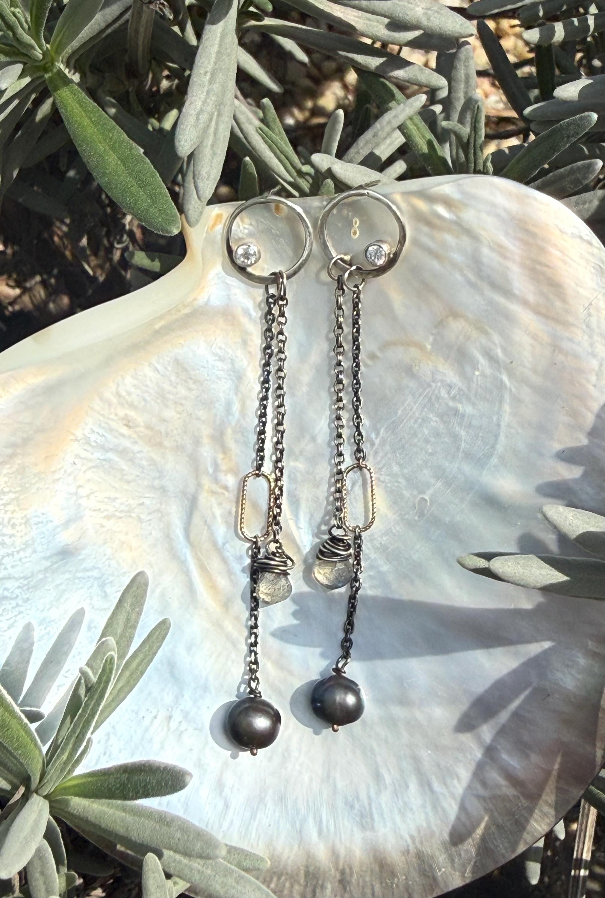 Hand-Forged Sterling Silver Earrings: Diamond, Black Pearl & Labradorite