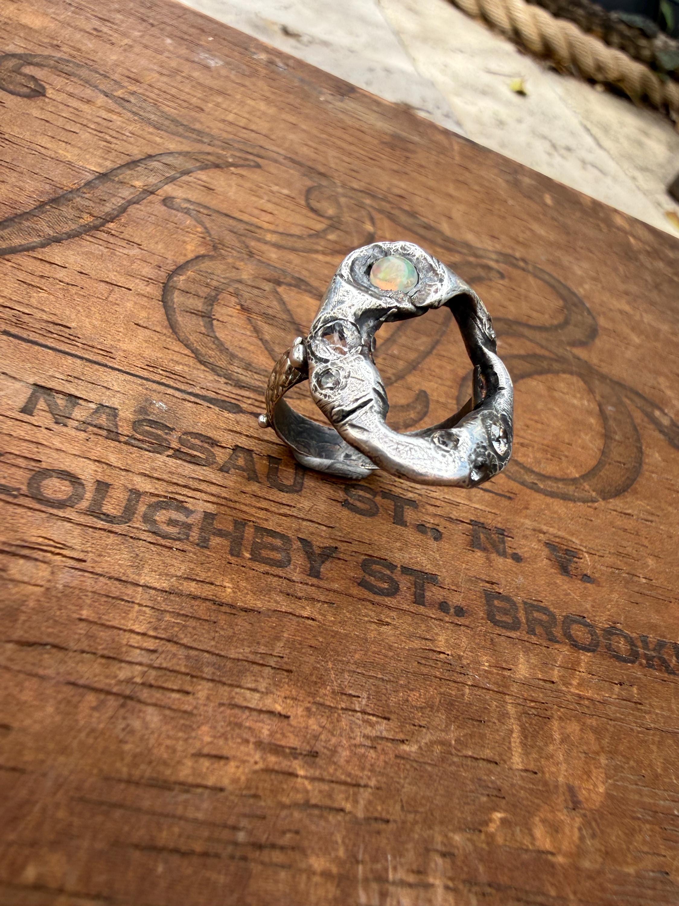 Fine & Sterling Silver Organic Pirate Ring with CZ’s and an Opal. Size 7.5