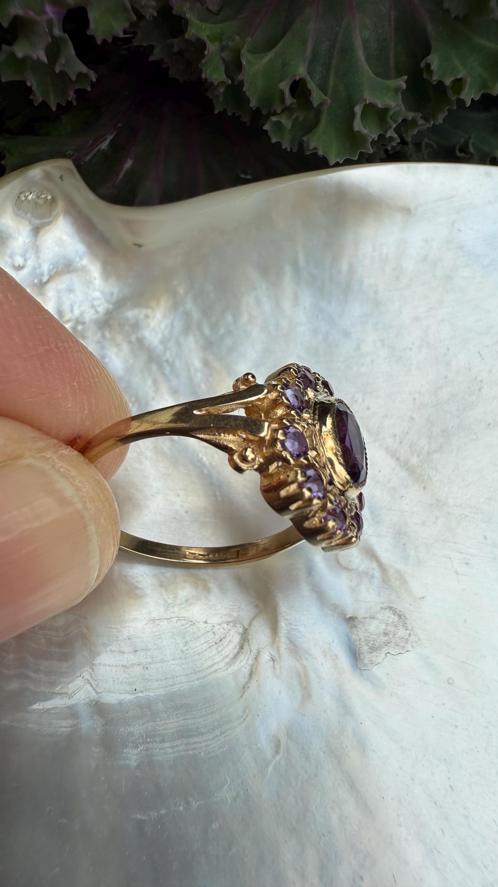 Vintage Amethyst Cluster Ring from England, 9K Gold; Size 8 1/4