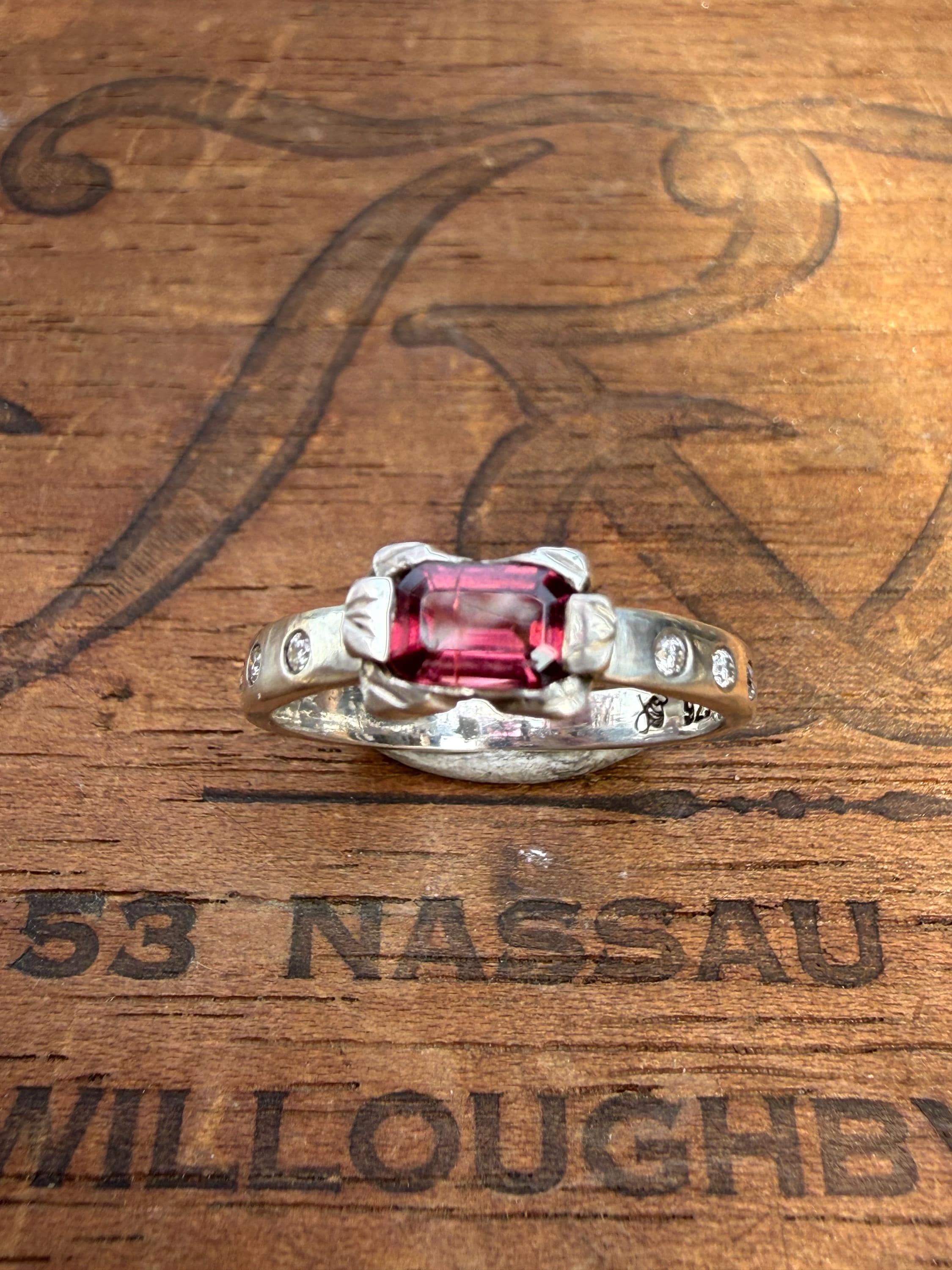 Antique Inspired Tourmaline Ring with Diamonds in Sterling Silver, size 8