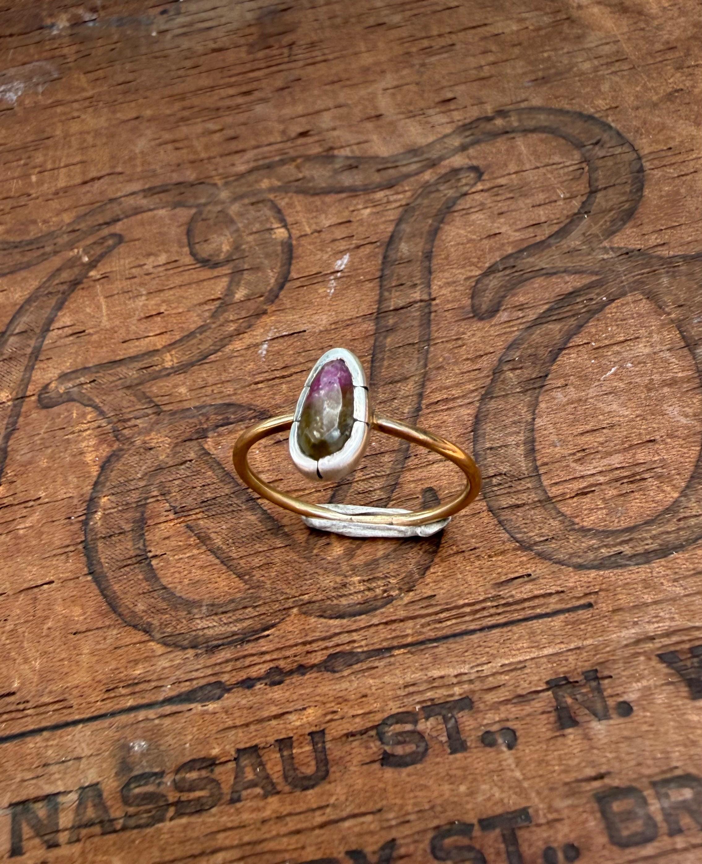 Rose Cut Watermelon Tourmaline Ring: Sterling Silver & 14K Gold, Size 8.25