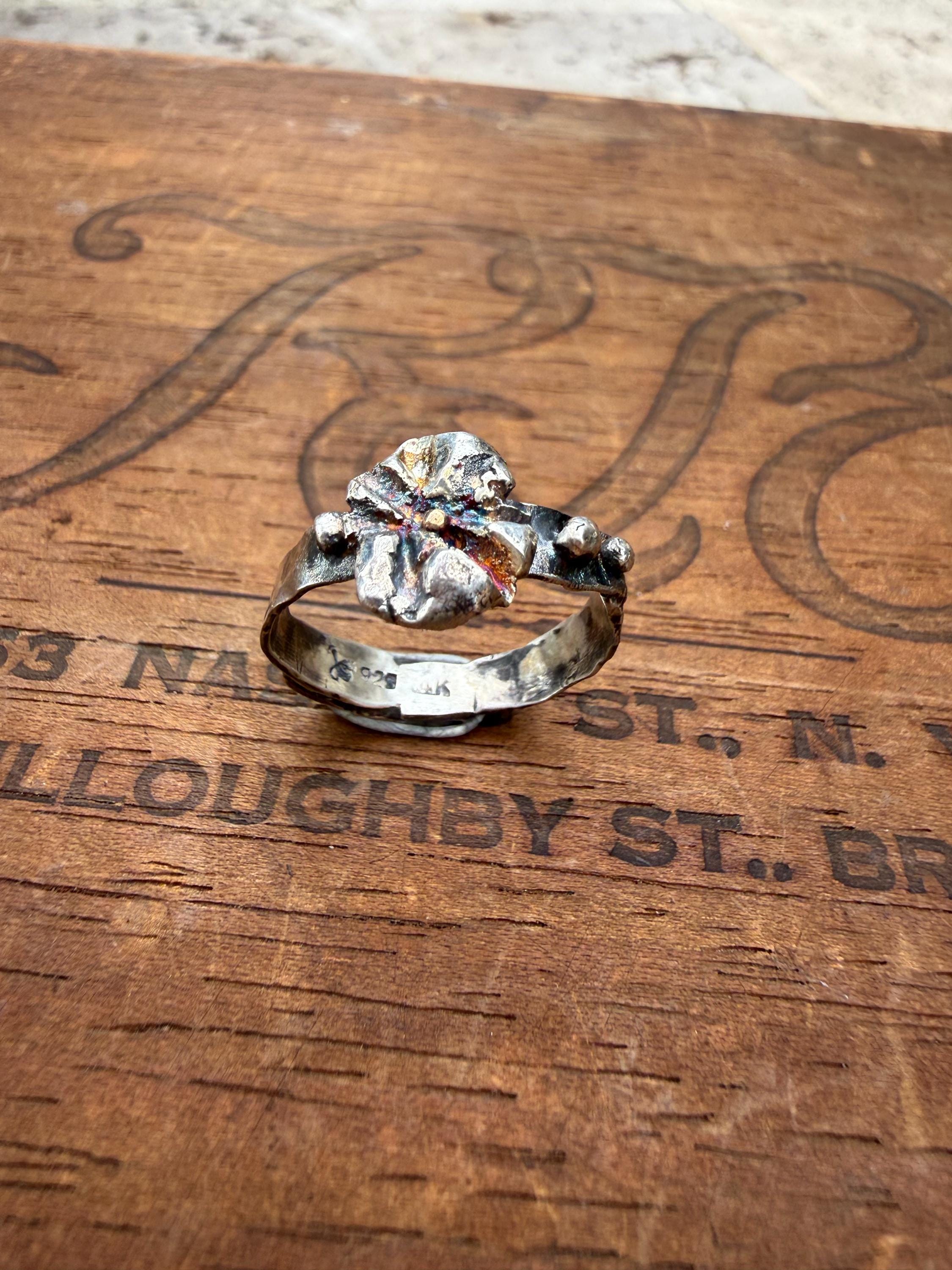 Fused Sterling Silver & Recycled 14K Gold Flower Ring, size 8 1/2
