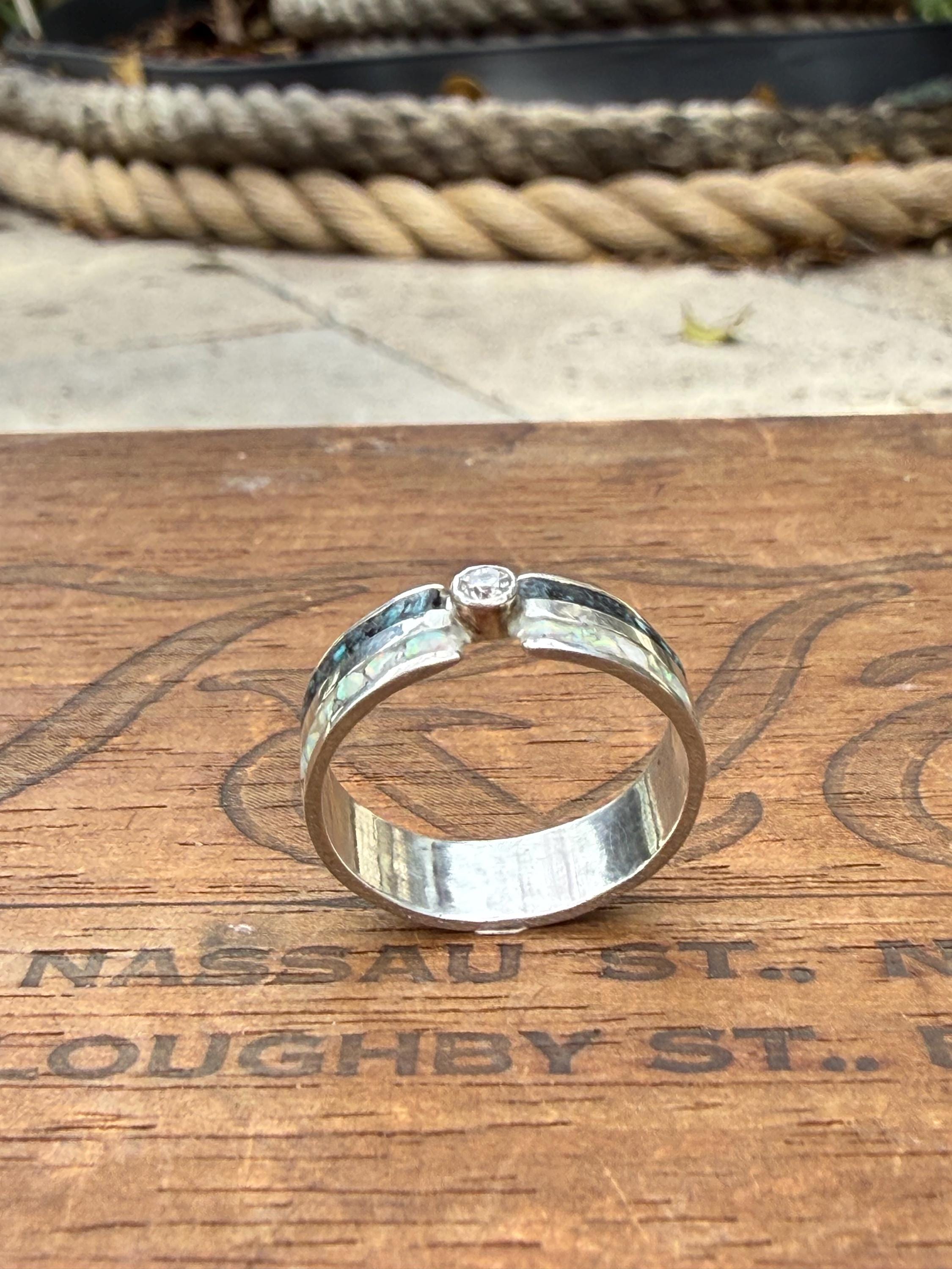 Turquoise and Opal Double Inlay Band with a Moissanite Center Diamond in Sterling Silver, size 8