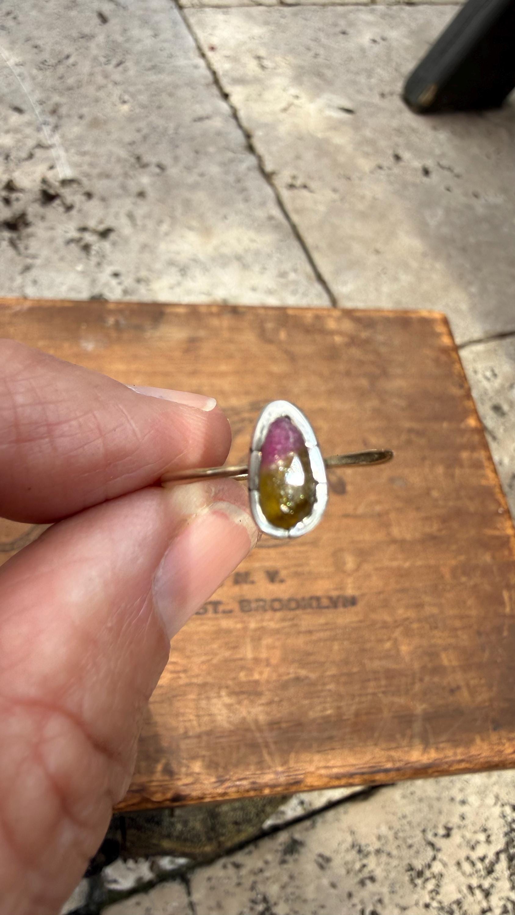 Rose Cut Watermelon Tourmaline Ring: Sterling Silver & 14K Gold, Size 8.25