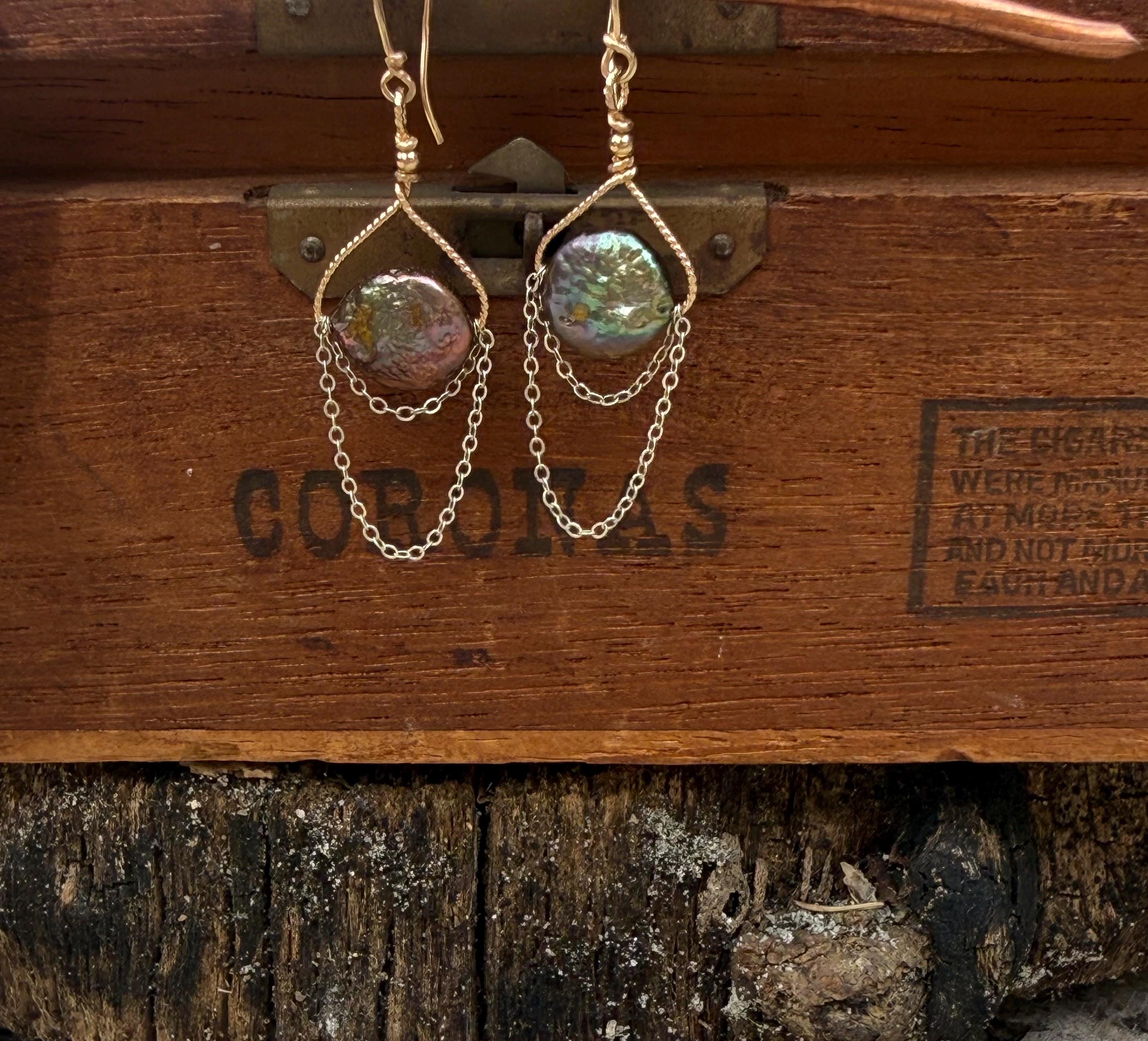 Freshwater Pearl & Chain Dangle Earrings in S.Silver and 14kgf Rope, Hamdmade