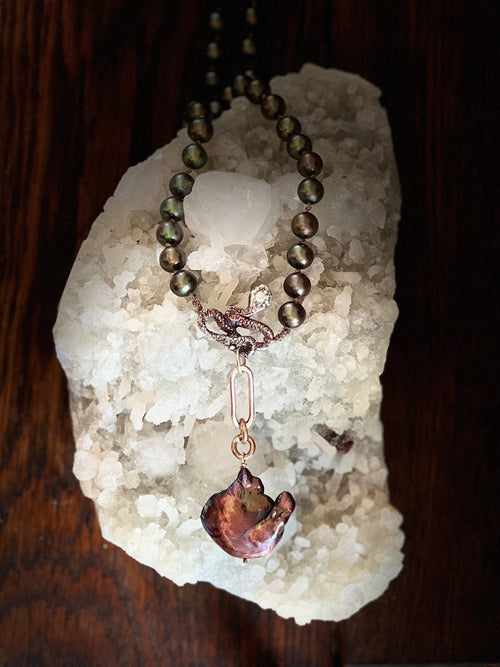 Cultured Peacock Freshwater Pearls with a Hand Carved Jeweled Snake in Fine Silver