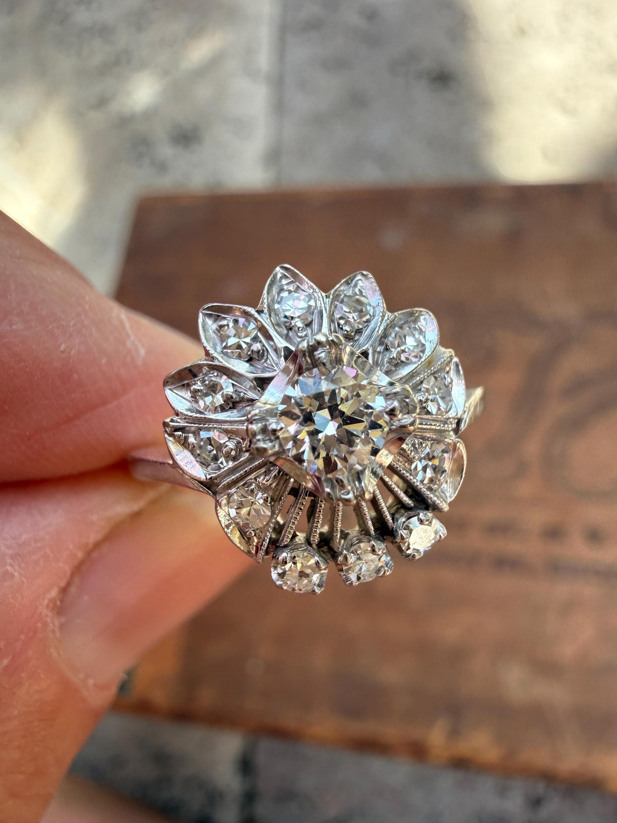 Antique Midcentury Cluster Flower Ring, Natural Diamonds, size 7. 1960’s