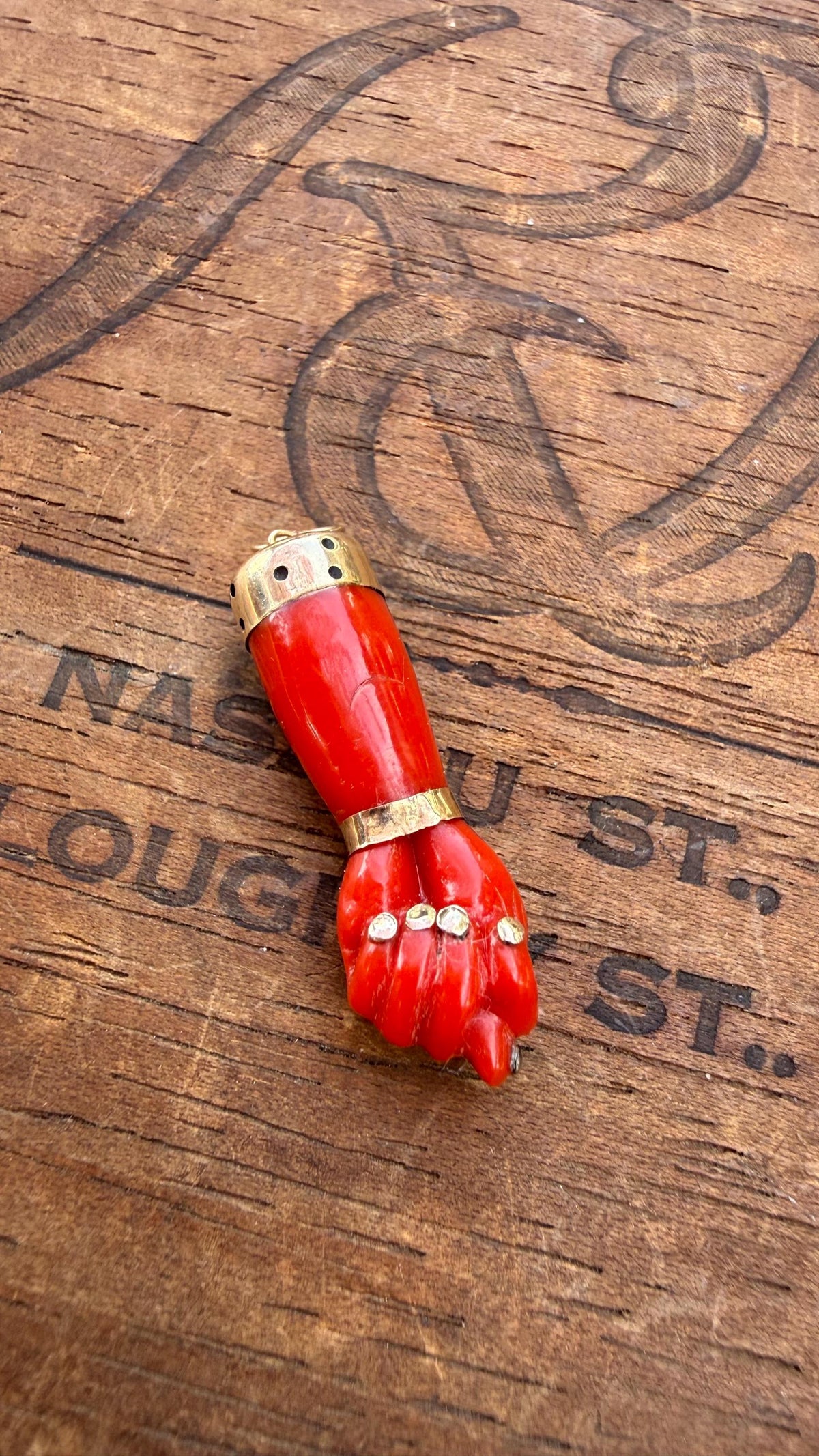 Antique Italian Coral Figa Charm with 14k Gold Amulet Pendant