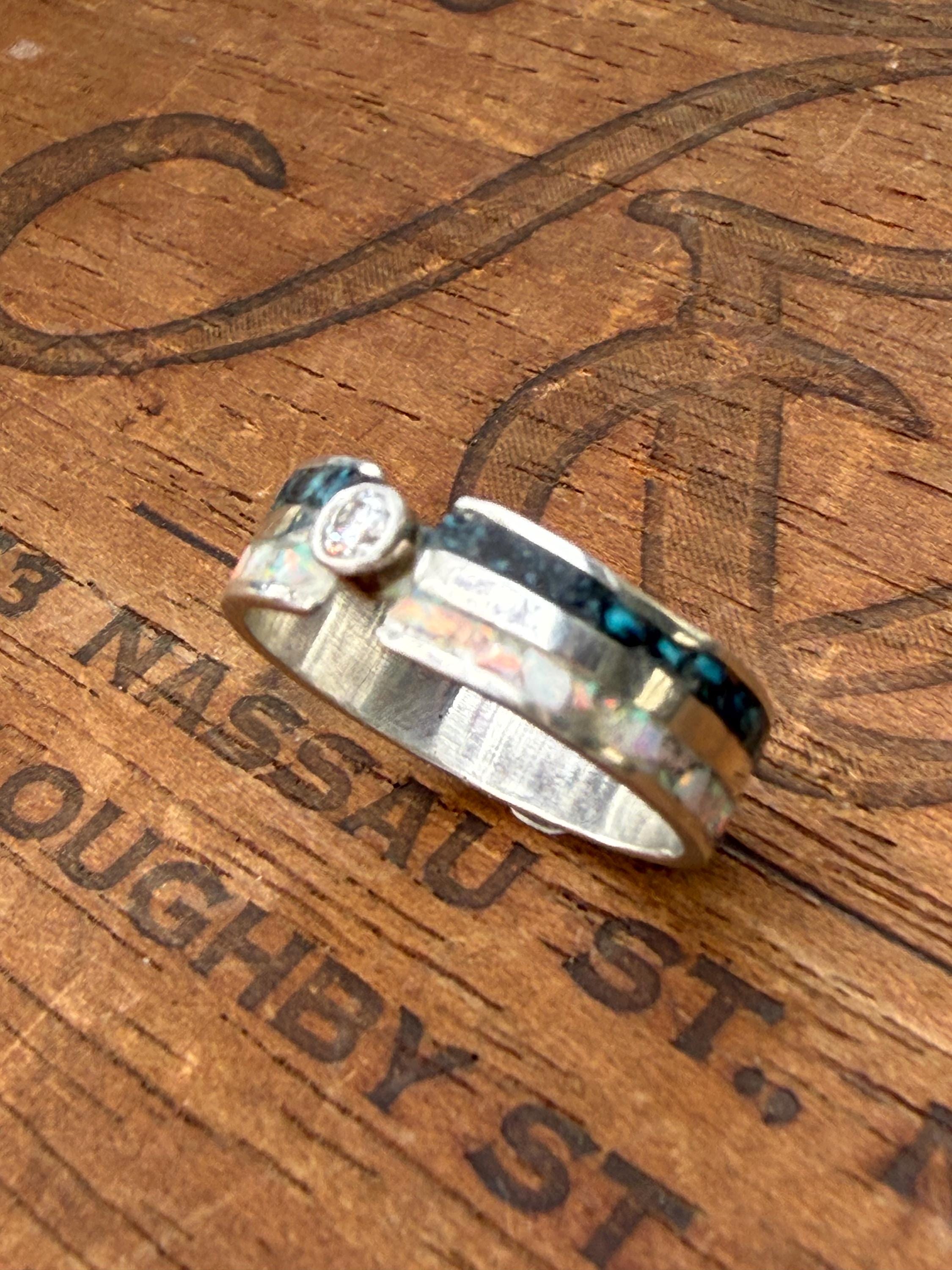 Turquoise and Opal Double Inlay Band with a Moissanite Center Diamond in Sterling Silver, size 8