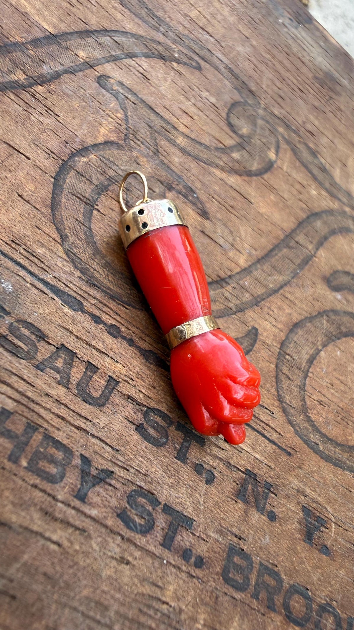Antique Italian Coral Figa Charm with 14k Gold Amulet Pendant