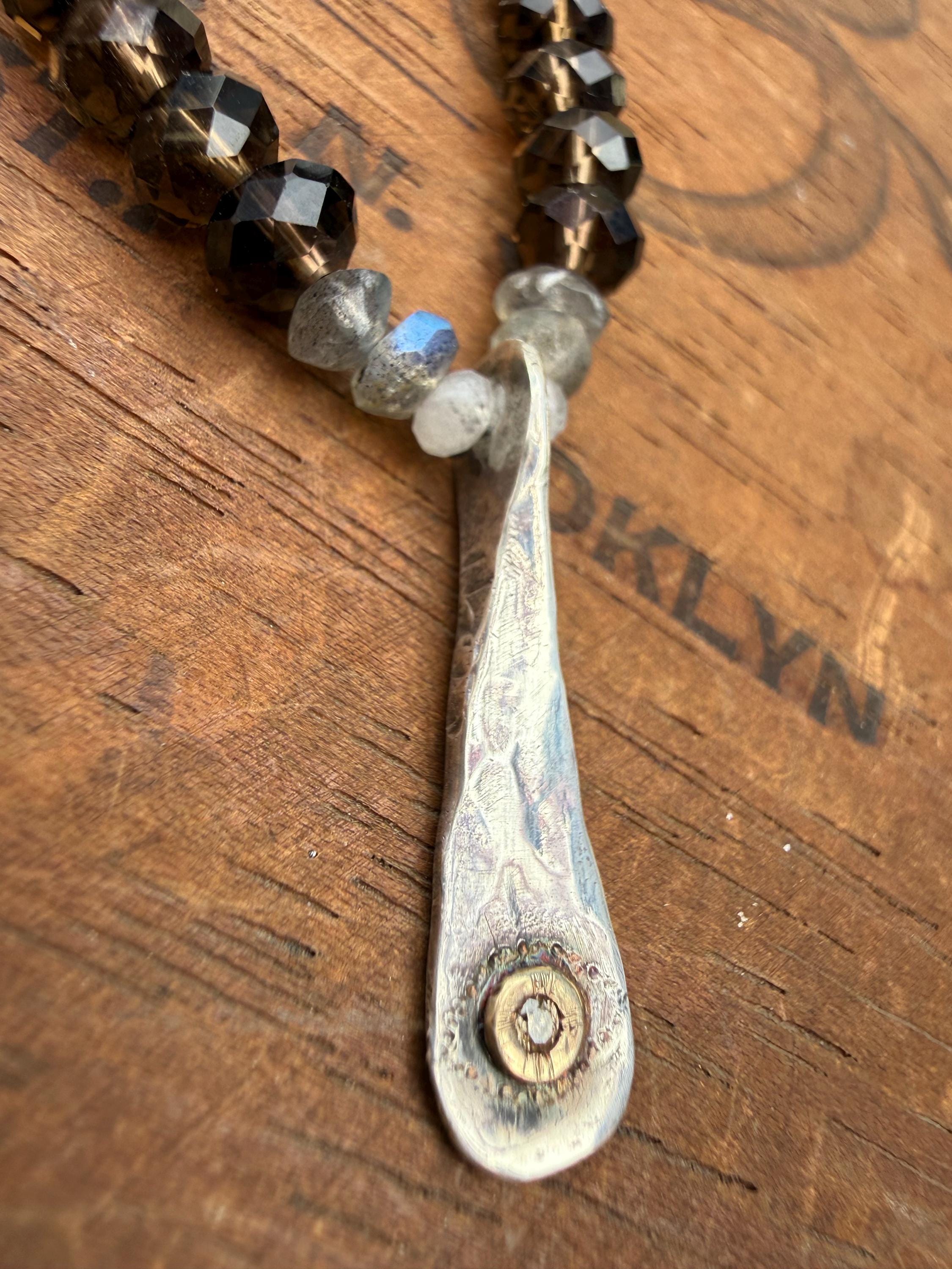Evil Eye Sterling Silver Necklace: Smoky Quartz, Labradorite, Pearl, and Natural Champagne Diamond