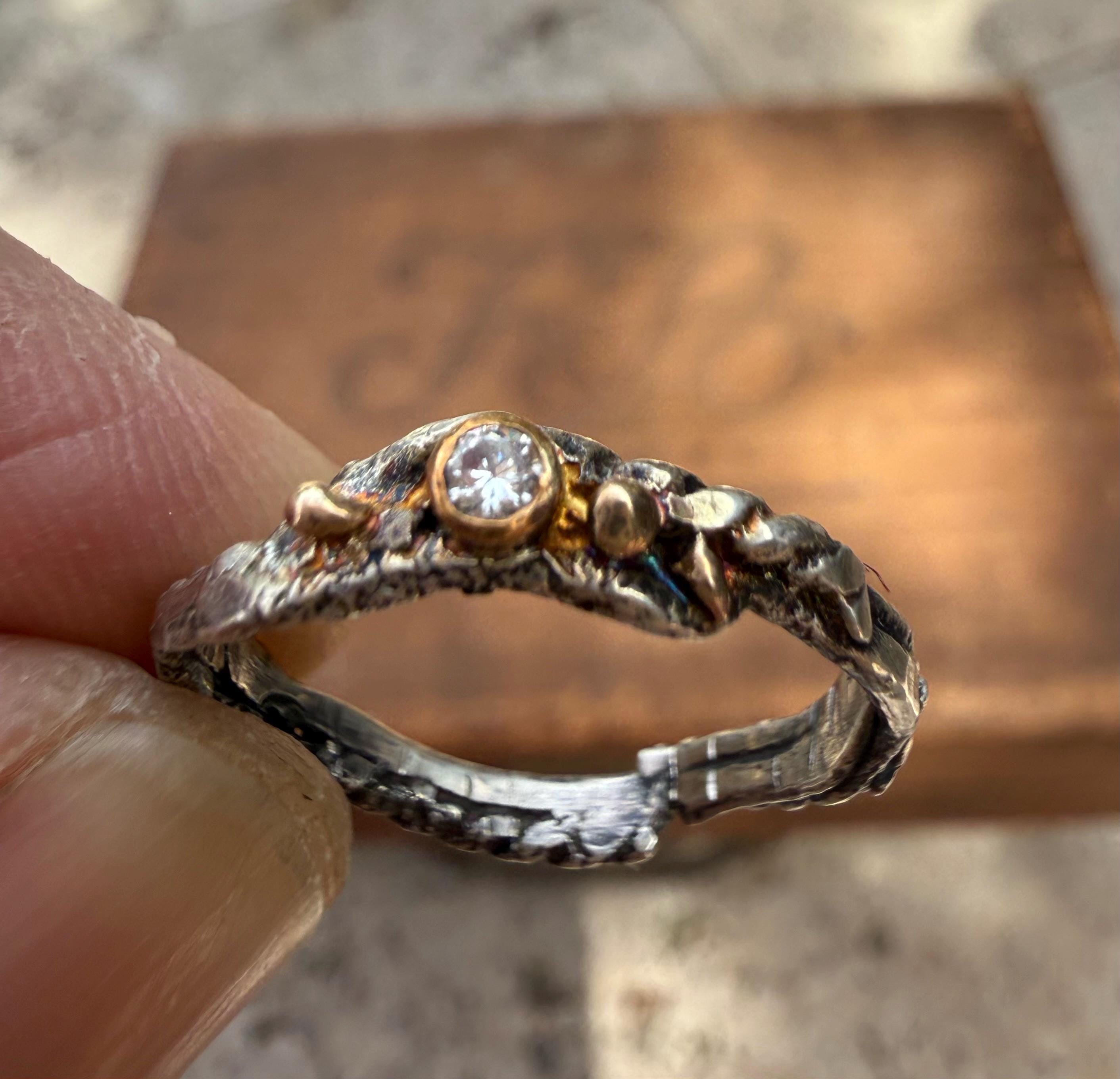 Fused Sterling Silver & Recycled 14K Gold with  a 2mm Moissanite Diamond.