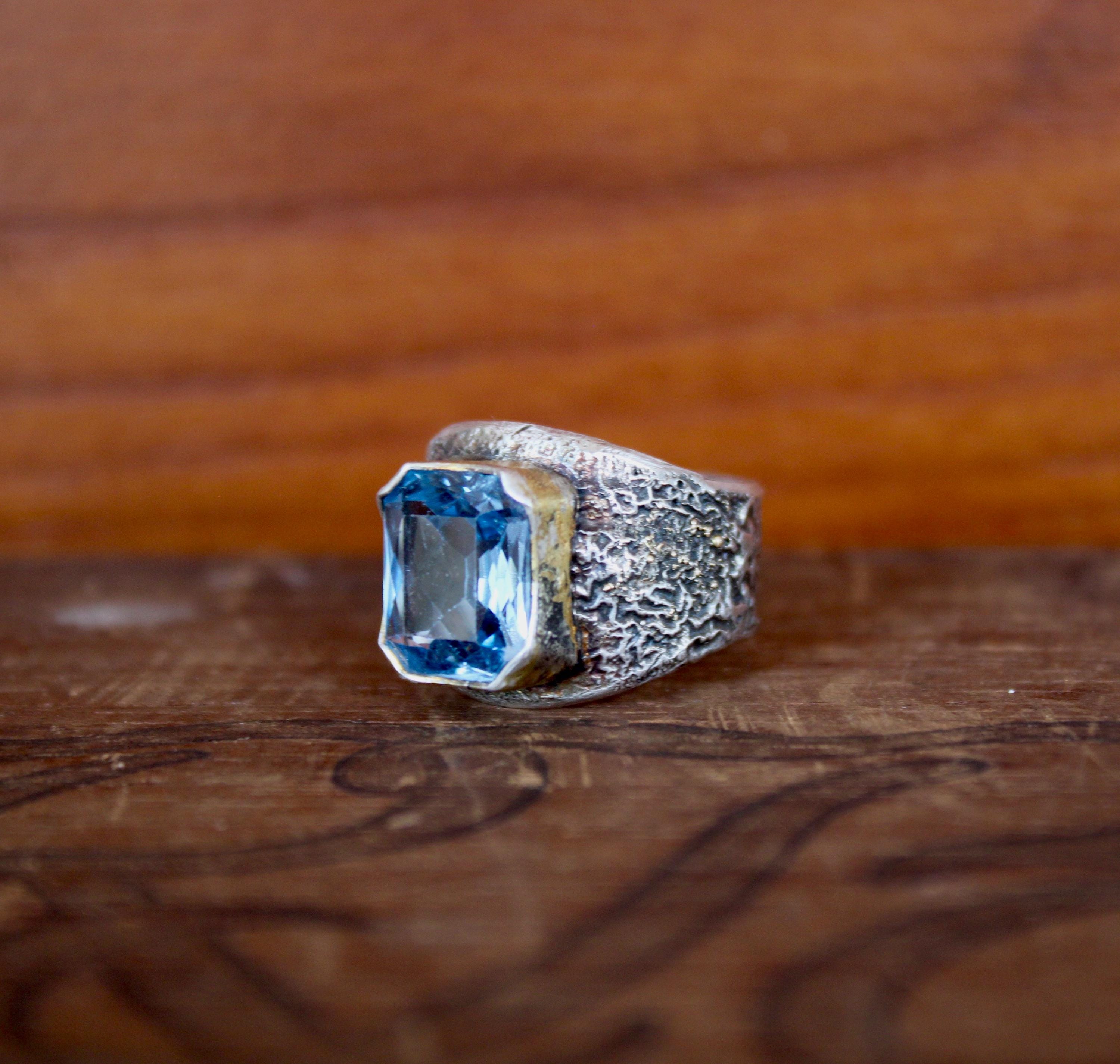 Gorgeous Vintage Blue Glass with Reticulated Sterling Galaxy Band with fused 14k gold and 22k bezel, size 7