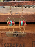 Red Coral & Turquoise Beaded Lightweight Chain Dangle Earrings in 14kgf, Handmade