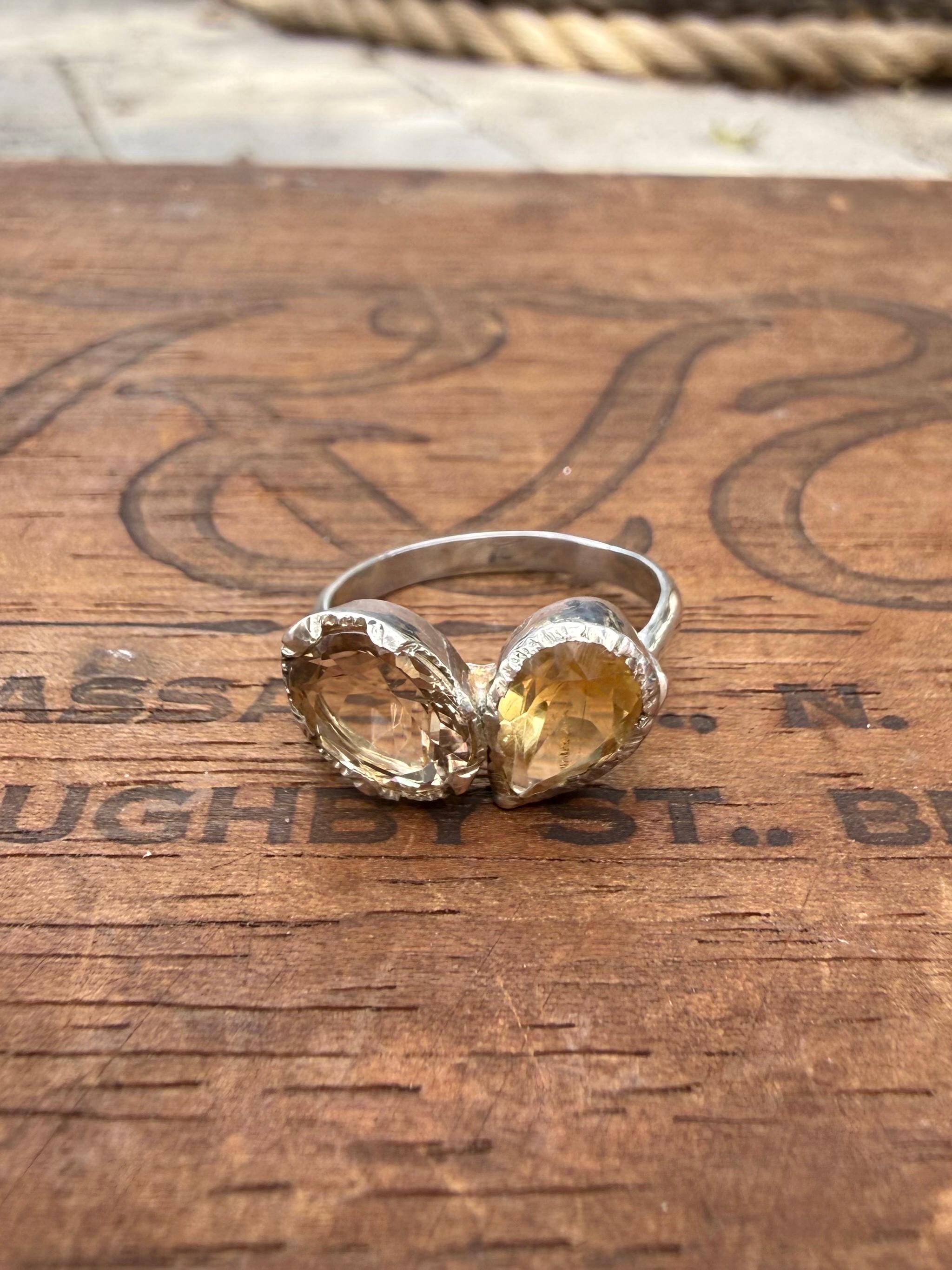 Hand-forged Sterling Silver Ring with Citrine Gemstones, size 6 3/4.