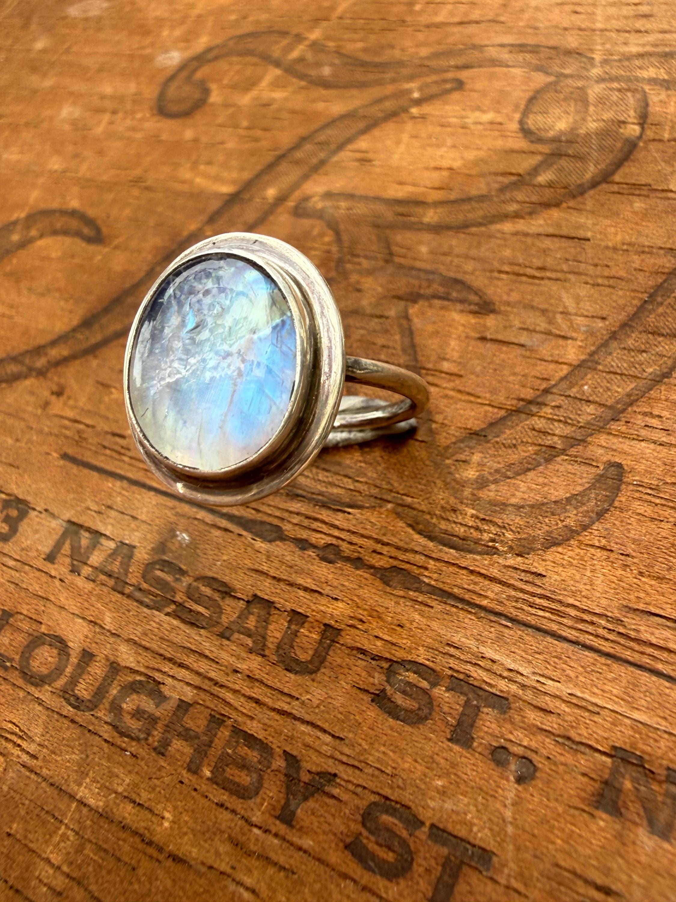 Flashing Moonstone Ring in Sterling Silver, size 6 3/4