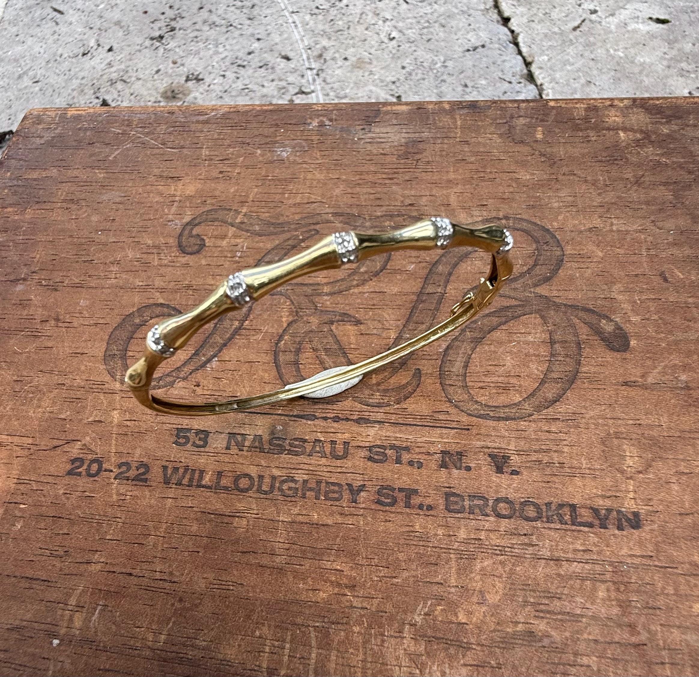 Vintage Gold Bamboo Bangle from UK in Yellow and White 9K Gold with Natural Diamonds, 6.4 grams.