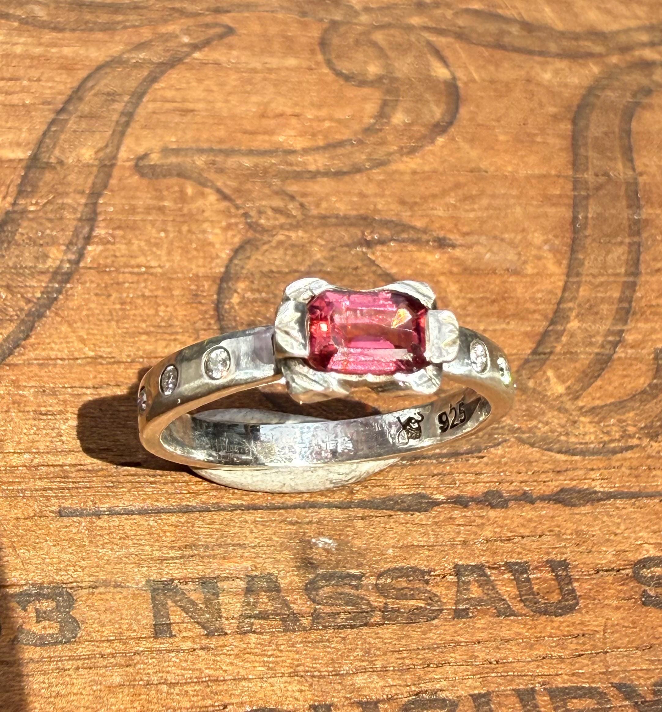 Antique Inspired Tourmaline Ring with Diamonds in Sterling Silver, size 8
