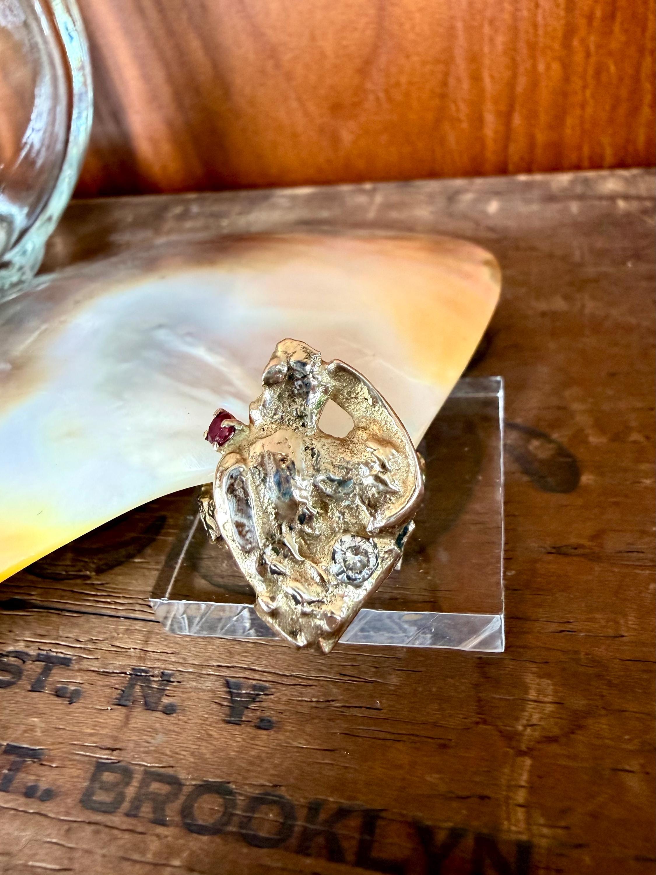 14k Gold Fused with Vintage Natural Diamond 3mm and Ruby. size 6.5.