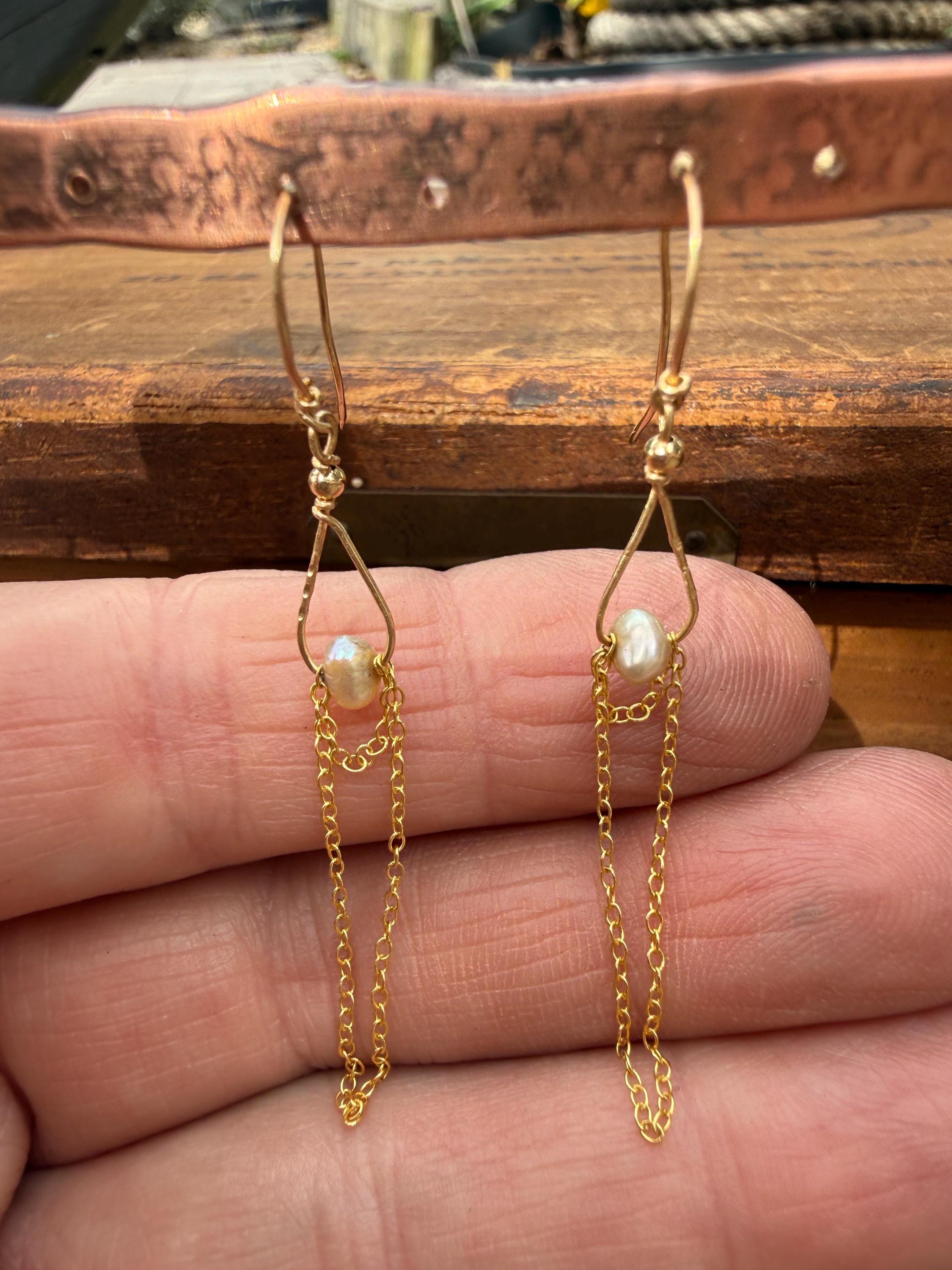 Freshwater Pearl & Chain Dangle Earrings in 14kgf, Hamdmade