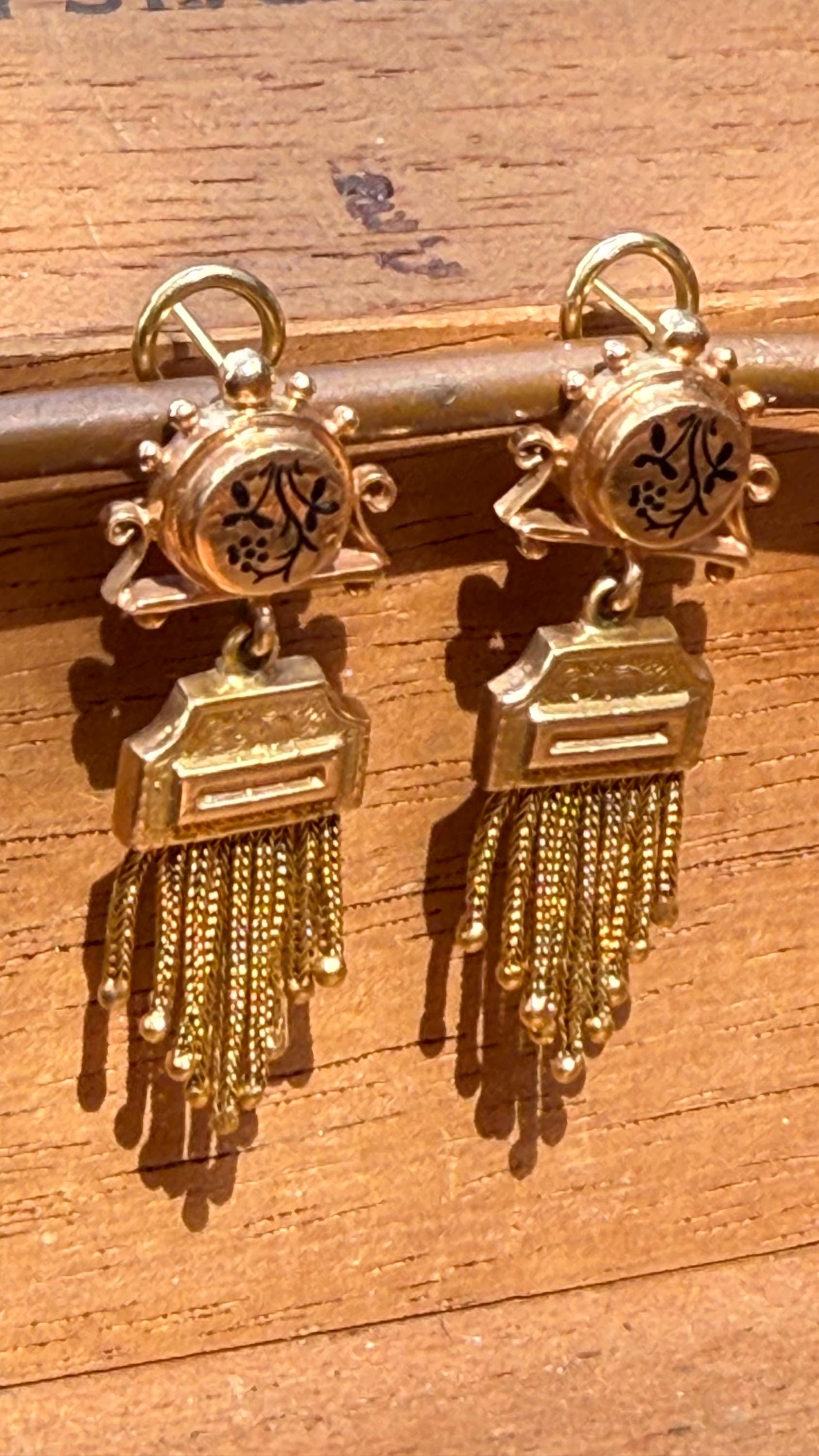Antique Earrings Victorian Tassle with Black Enamel and 14K Yellow Gold