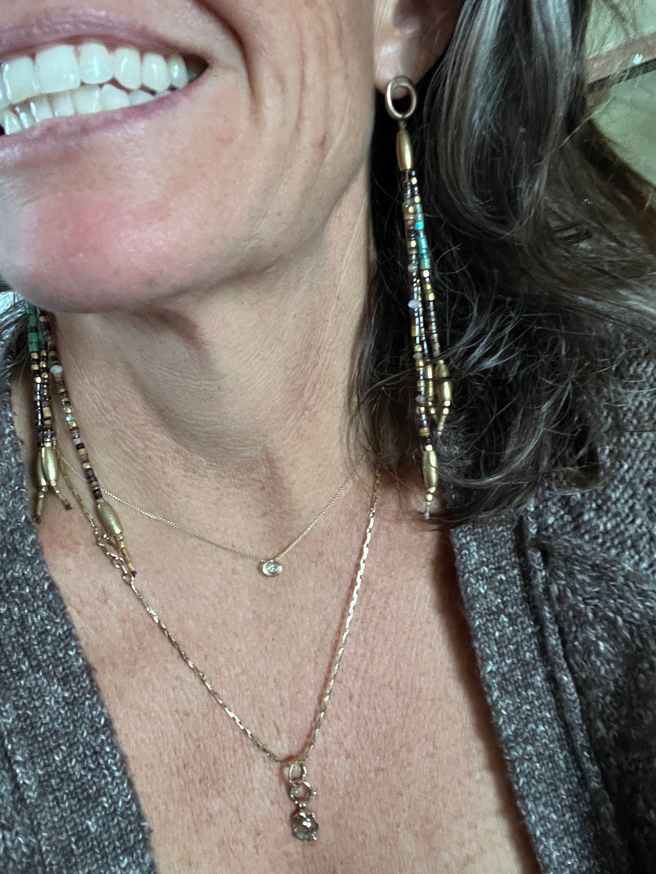 Gypsy Earrings with Shell, Labradorite, Turquoise, Moonstone, & Brass beads and 14kgf with SS Posts.
