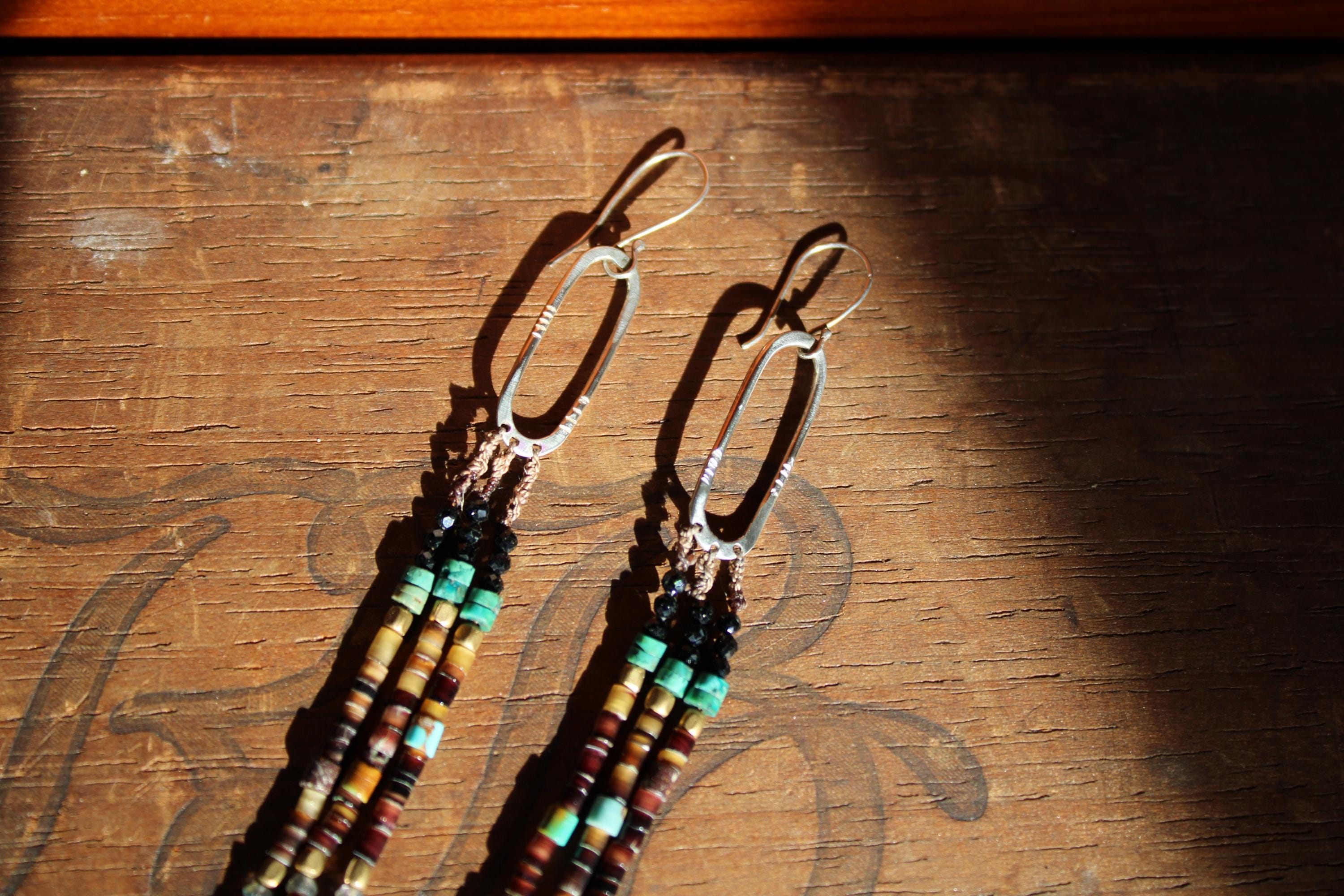 Gypsy Earrings with Shell, Labradorite, Turquoise, Black Tourmaline & Brass beads and Sterling Silver.