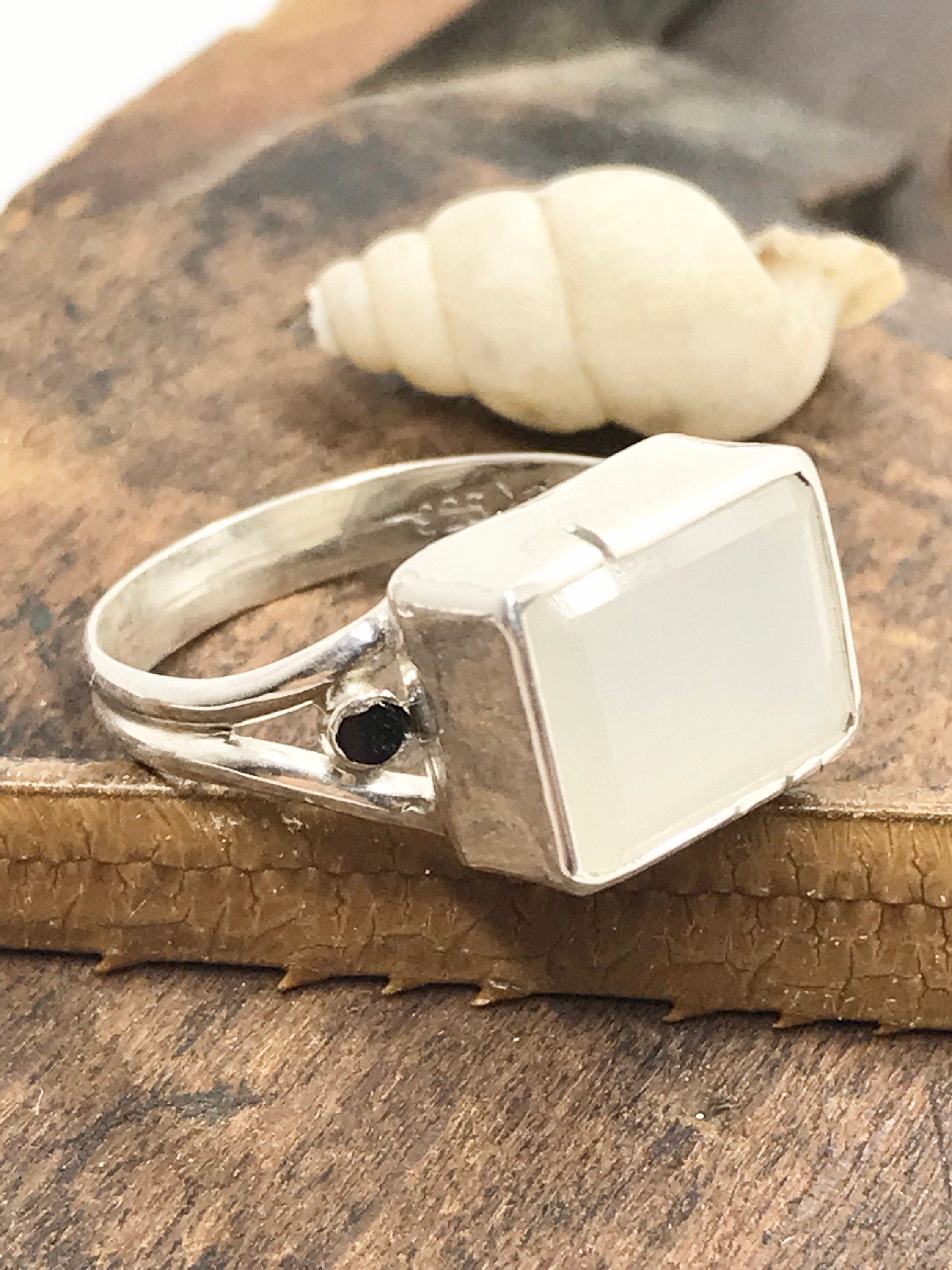 Emerald Cut CHALCEDONY with Spinel Sidelights in sterling silver, handmade with estate gems (earth friendly)