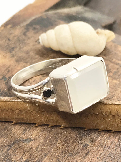 Emerald Cut CHALCEDONY with Spinel Sidelights in sterling silver, handmade with estate gems (earth friendly)