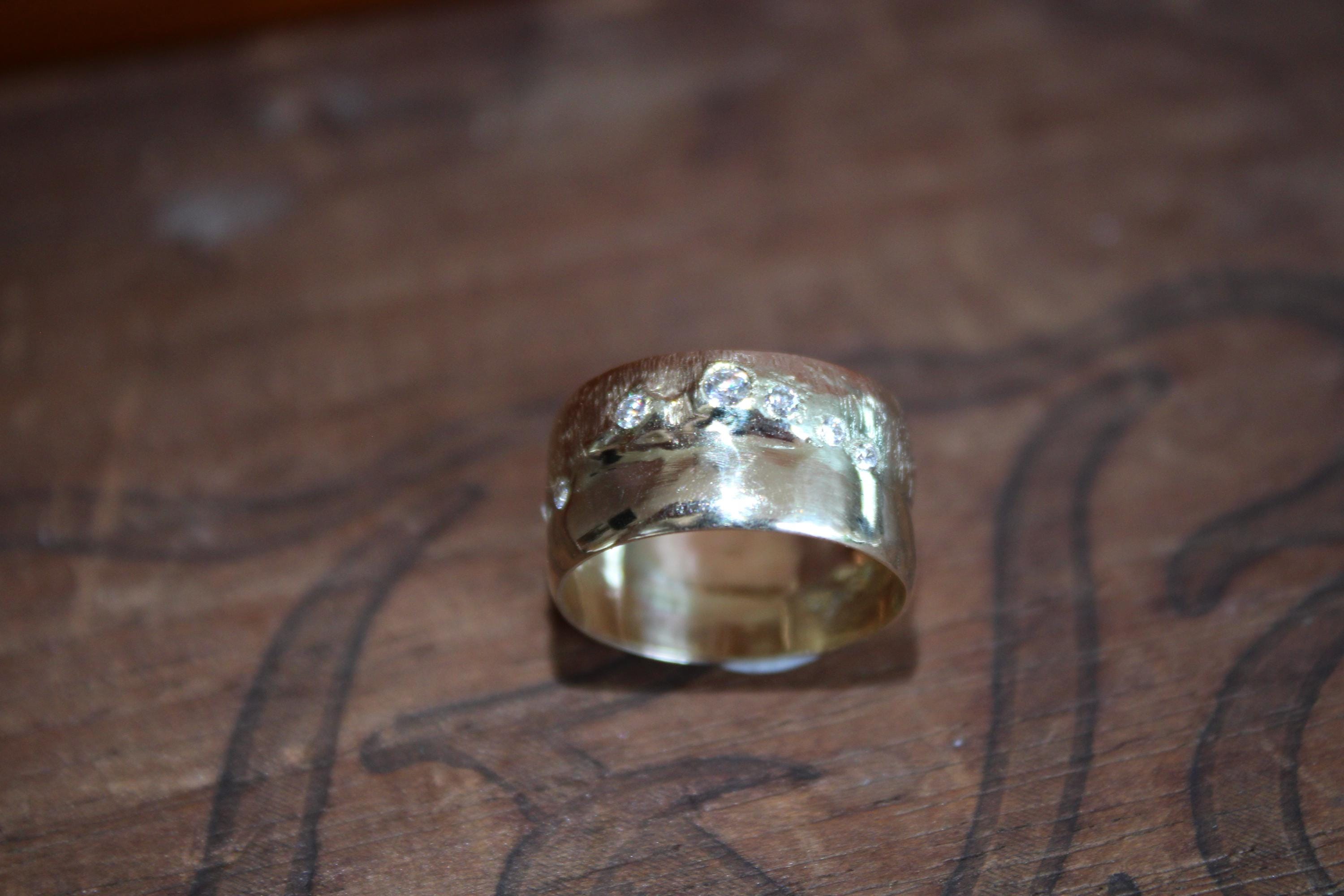Super Wide Vintage 14Kt Gold Band with Moissanite Diamonds, size 7.5