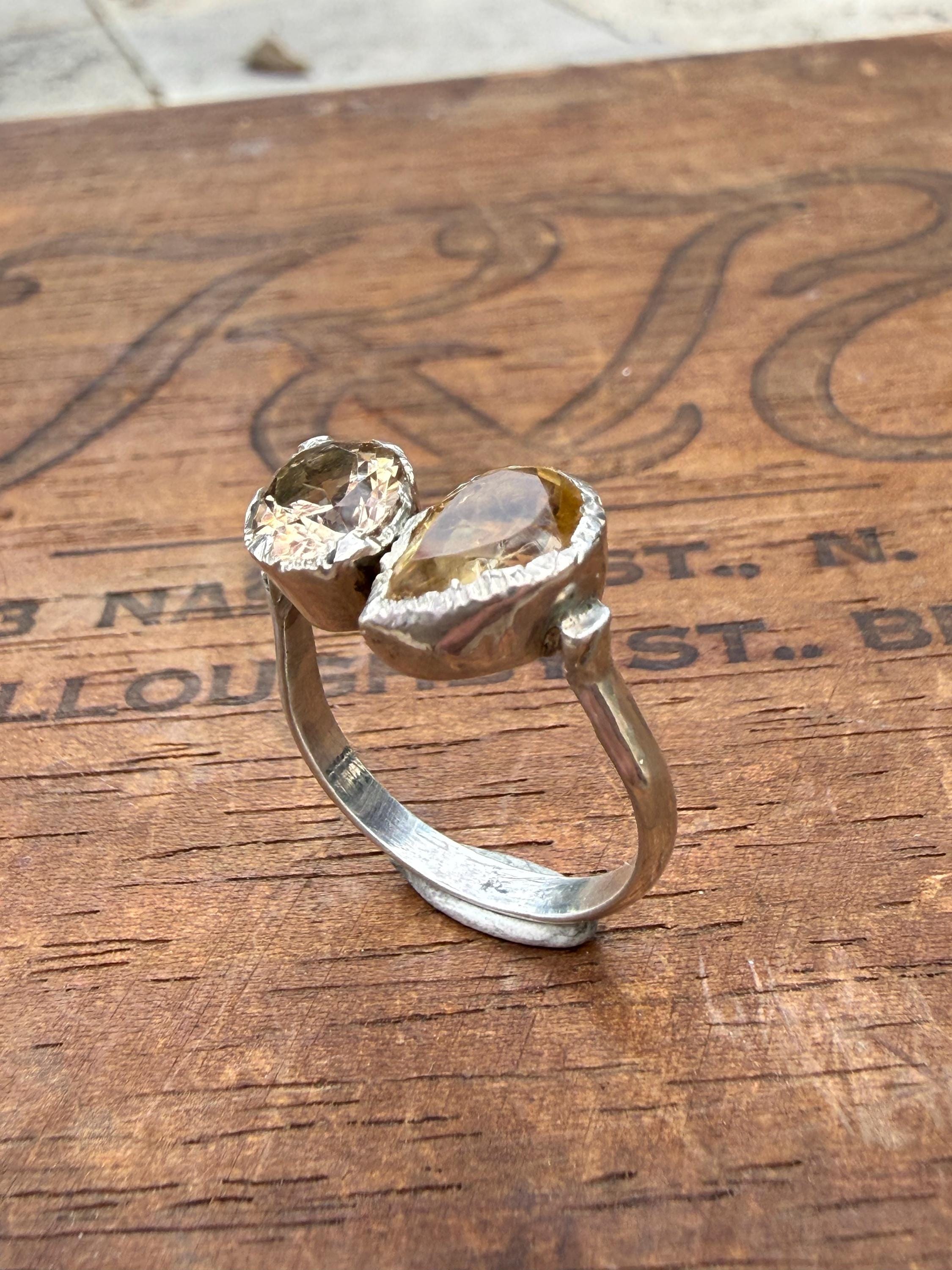 Hand-forged Sterling Silver Ring with Citrine Gemstones, size 6 3/4.
