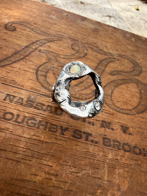 Fine & Sterling Silver Organic Pirate Ring with CZ’s and an Opal. Size 7.5