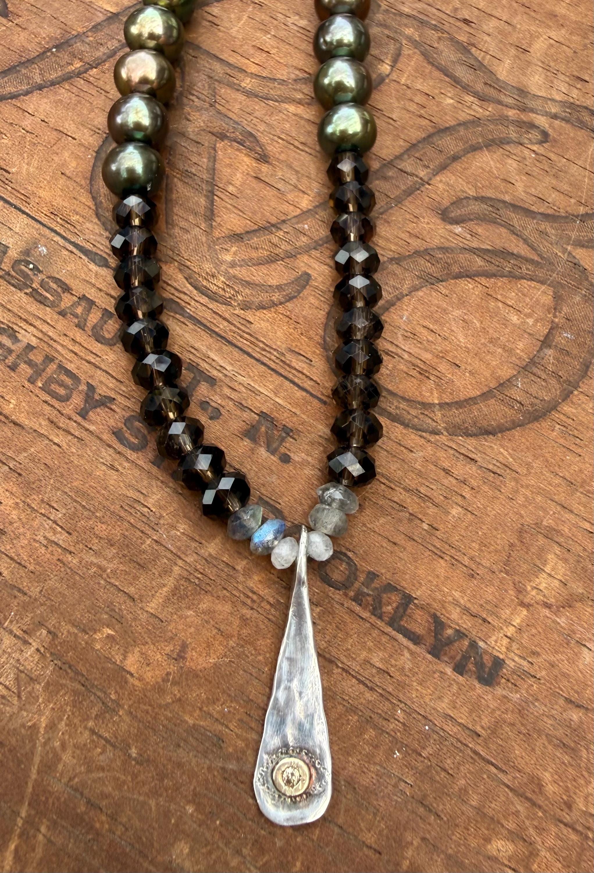 Evil Eye Sterling Silver Necklace: Smoky Quartz, Labradorite, Pearl, and Natural Champagne Diamond