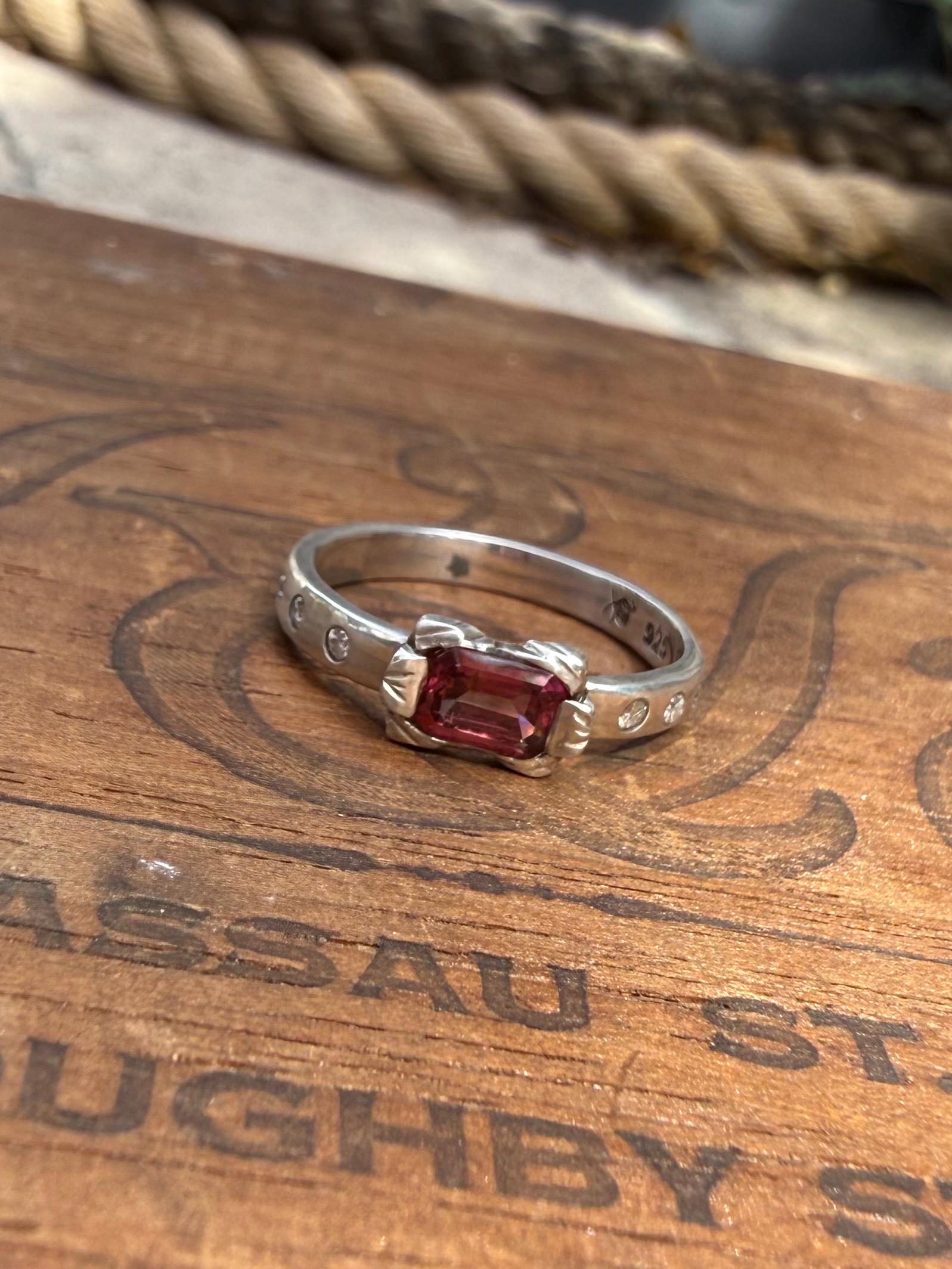 Antique Inspired Tourmaline Ring with Diamonds in Sterling Silver, size 8