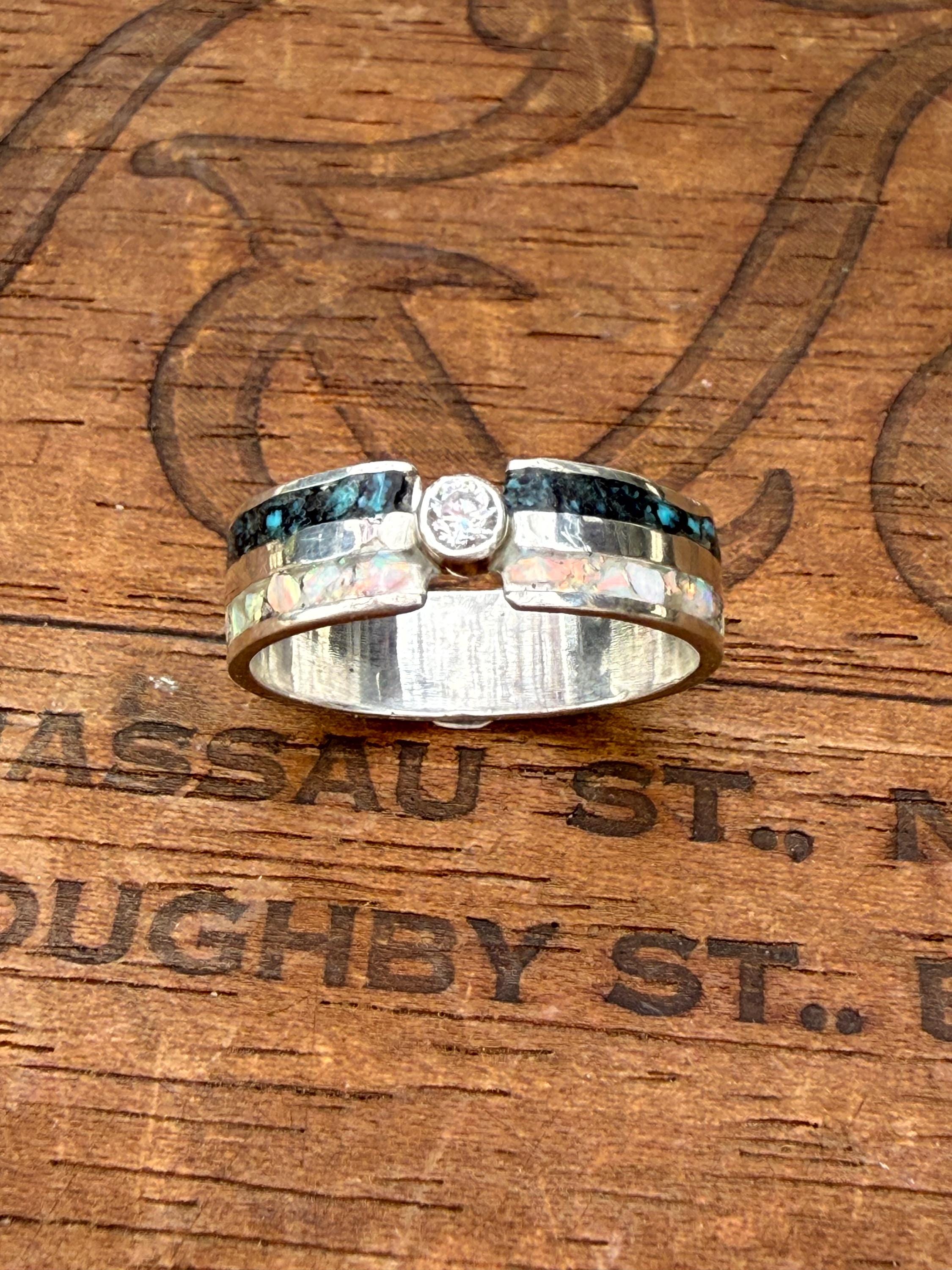 Turquoise and Opal Double Inlay Band with a Moissanite Center Diamond in Sterling Silver, size 8