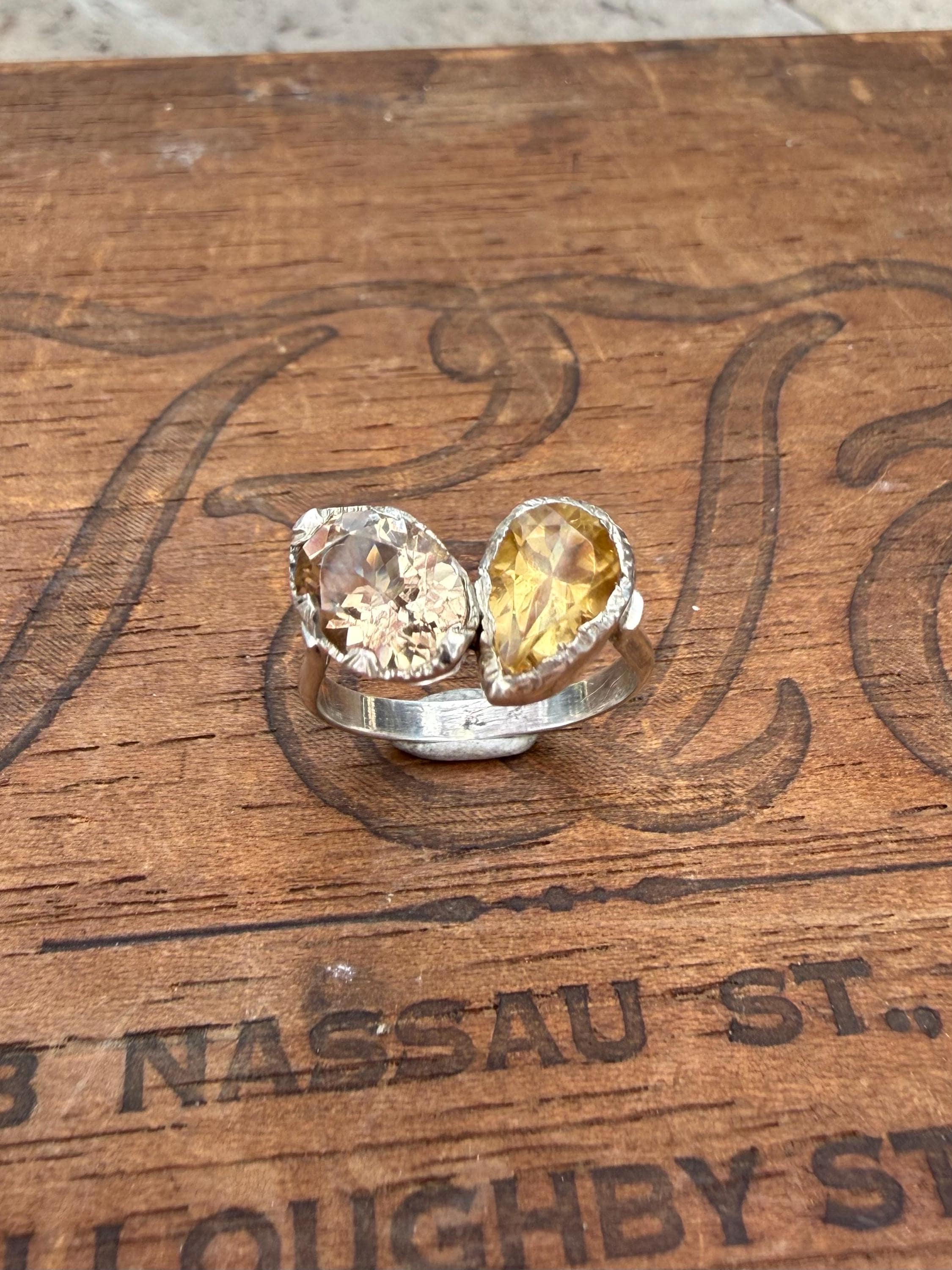 Hand-forged Sterling Silver Ring with Citrine Gemstones, size 6 3/4.