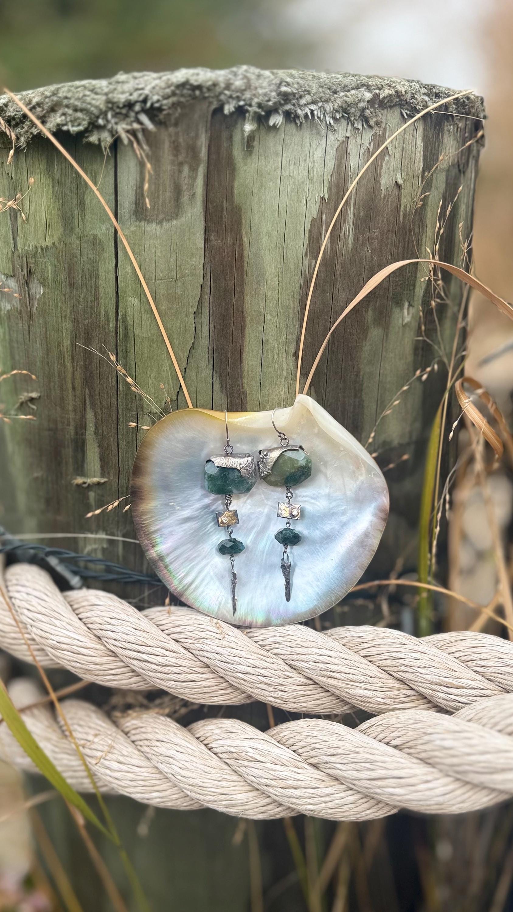 Gypsy Dangle Earrings with Moss Agate,  Emerald, Diamond, Sterling Silver, and 14Kt  Gold.