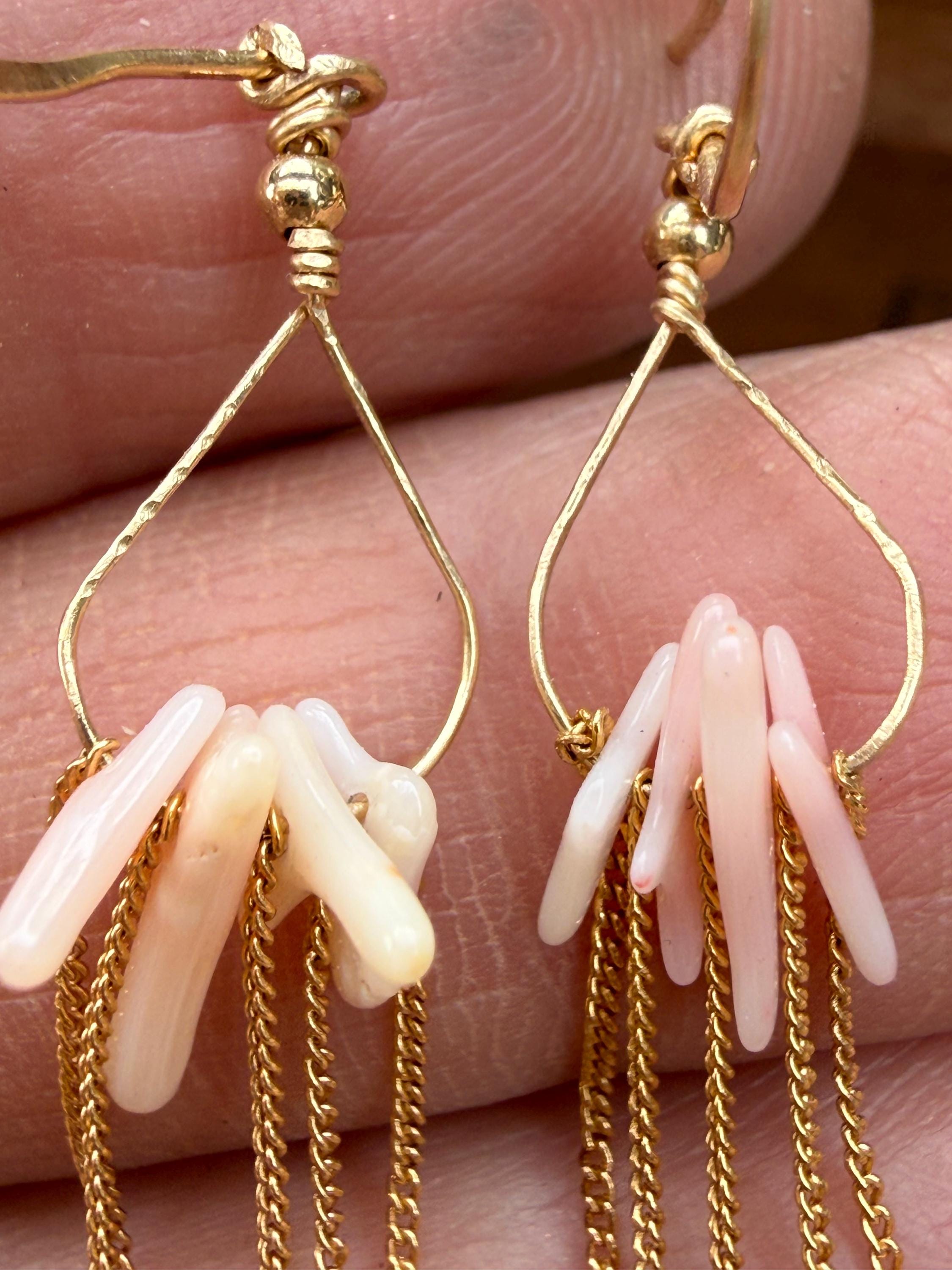 Angel Skin Coral & Chain Long Fringe Dangle Earrings in 14kgf, Handmade