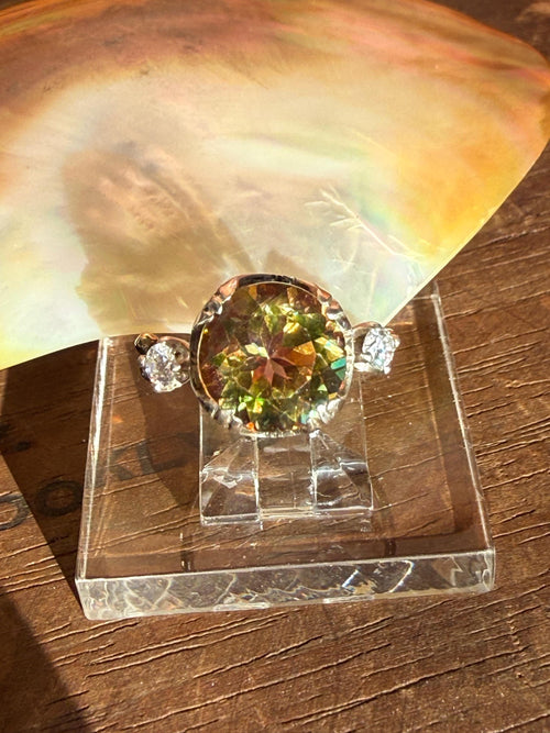 4 Carat Treasure Cave Mystic Topaz from Brazil, Flanked with Moissanite Diamonds, 14k Gold Vintage Band, size 6.5