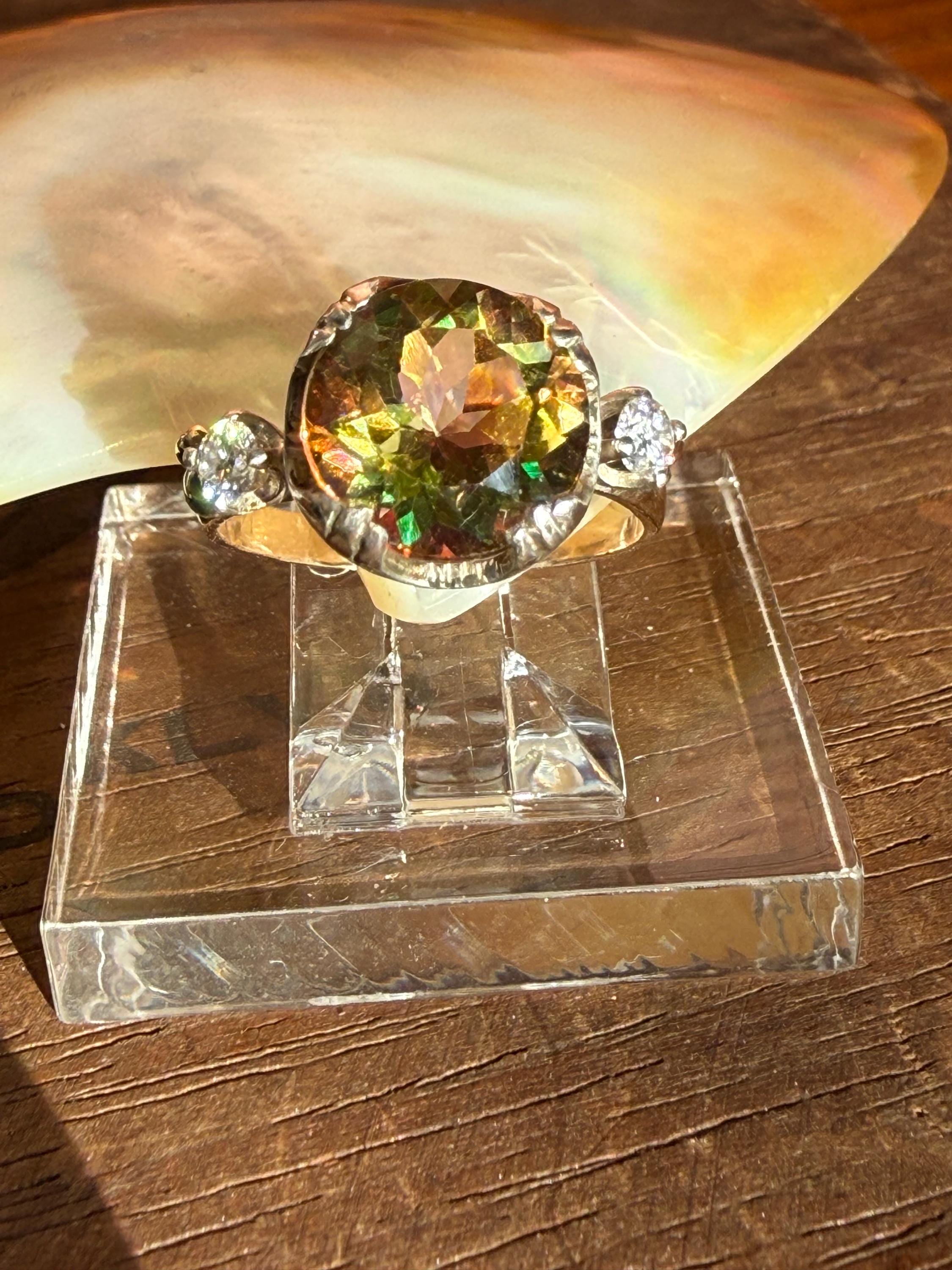 4 Carat Treasure Cave Mystic Topaz from Brazil, Flanked with Moissanite Diamonds, 14k Gold Vintage Band, size 6.5