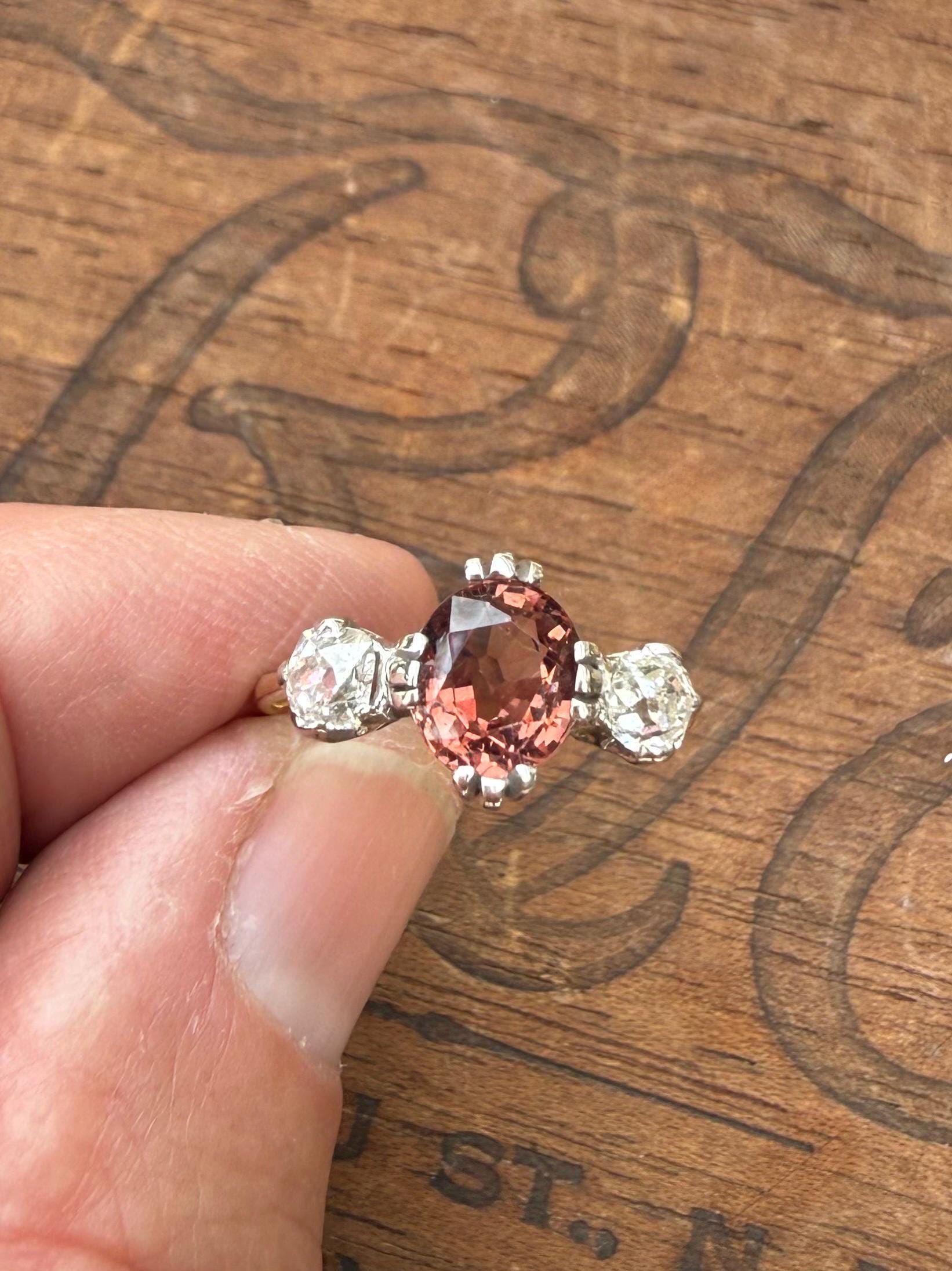 Gorgeous Victorian Trilogy Ring in 18Ct Yellow and White Gold, featuring a 1 carat Spinel, and (2) 22.5 pt Old European cut Natural Diamonds