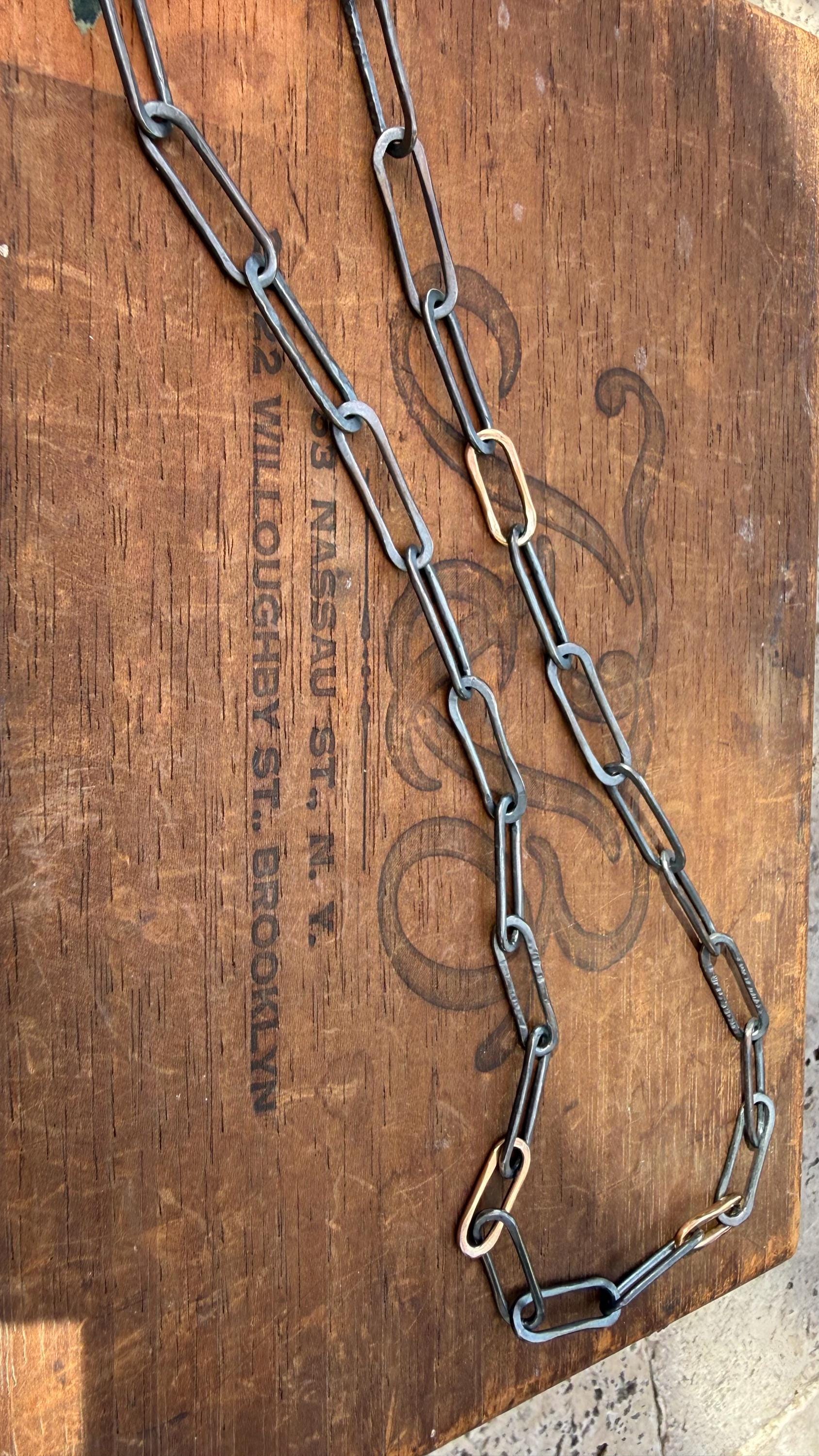 Hand-Formed Blackened Sterling Silver & 14k Gold Filled Paperclip Link Necklace, 23”