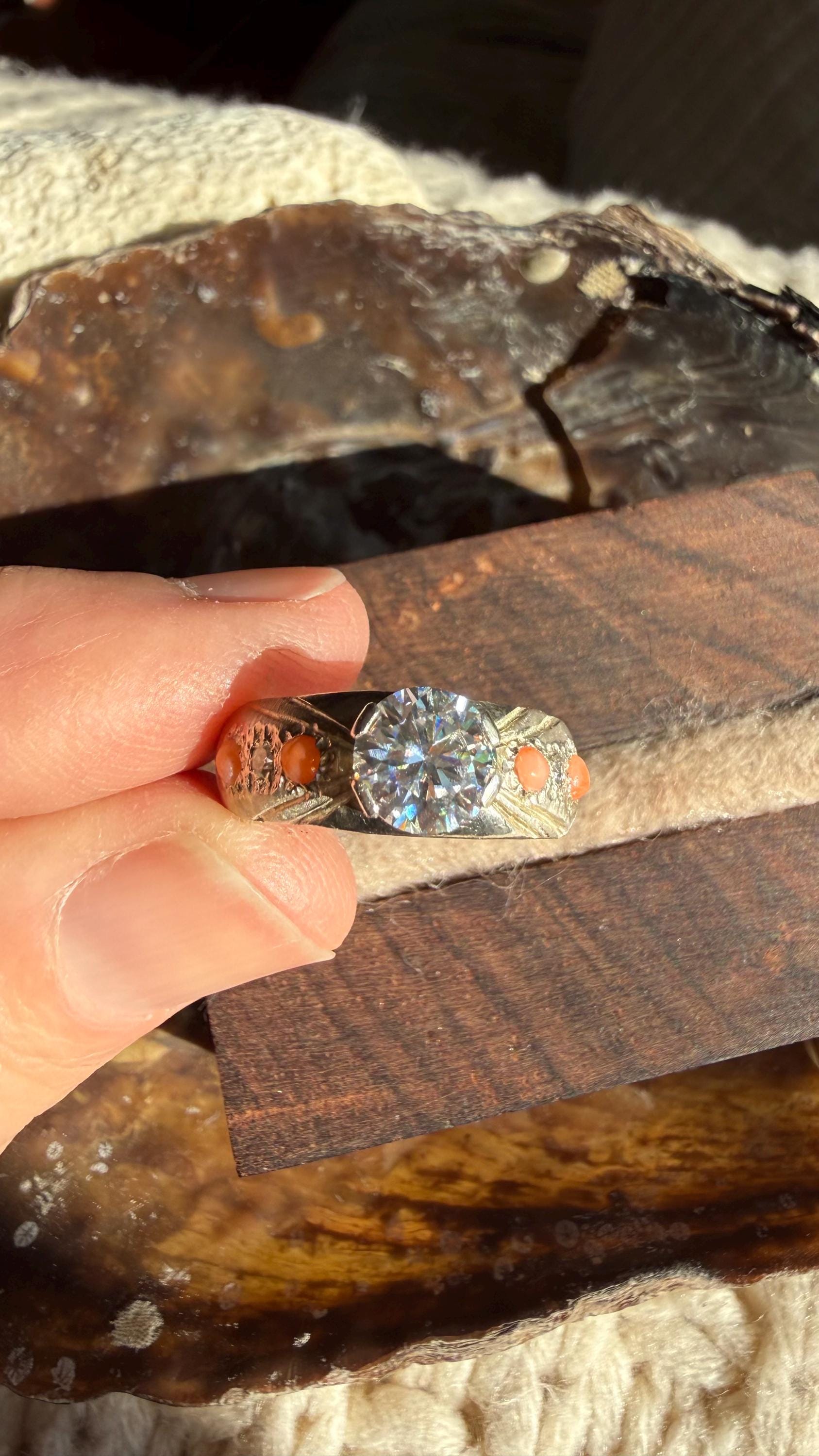 1 Carat Center Moissanite Diamond Ring with Vintage Coral and smaller moissanites in Sterling Silver with custom engraving, size 8
