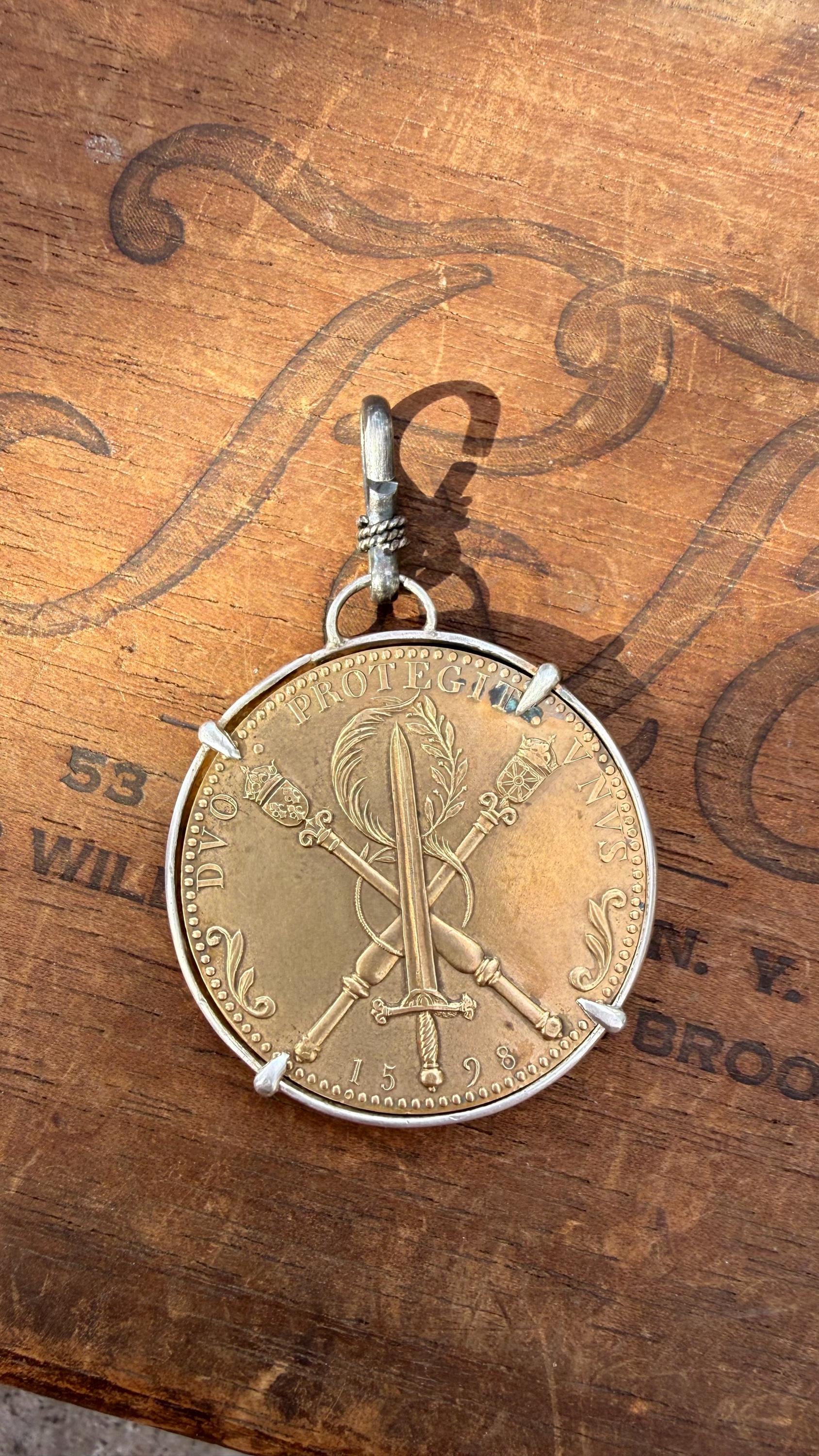 Vintage Bronze ‘1598 France The Unification of the Two Kingdoms’ Coin with Sterling Silver Claw Prongs & Silver Clip