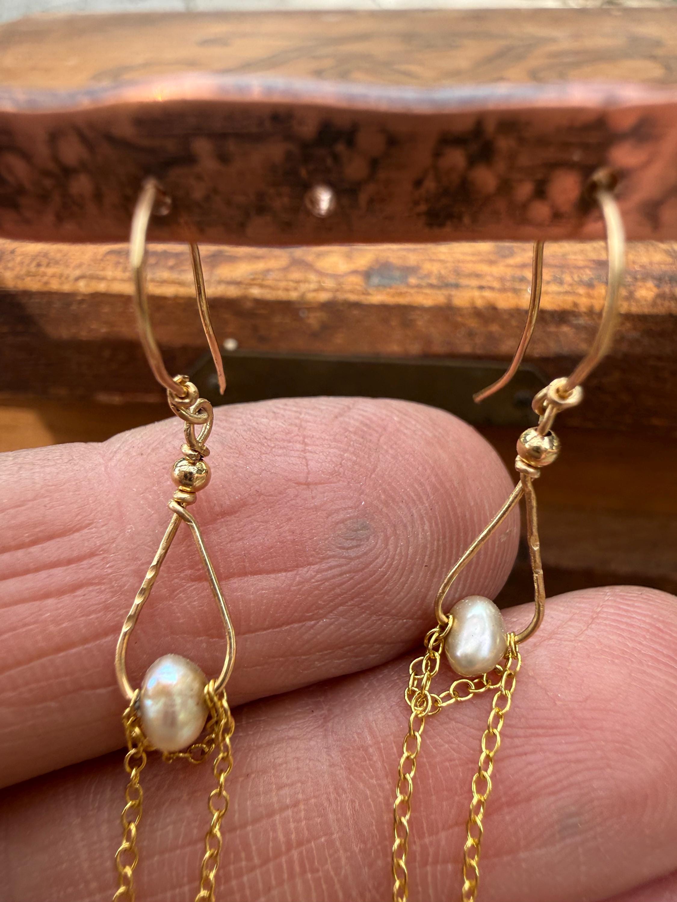 Freshwater Pearl & Chain Dangle Earrings in 14kgf, Hamdmade