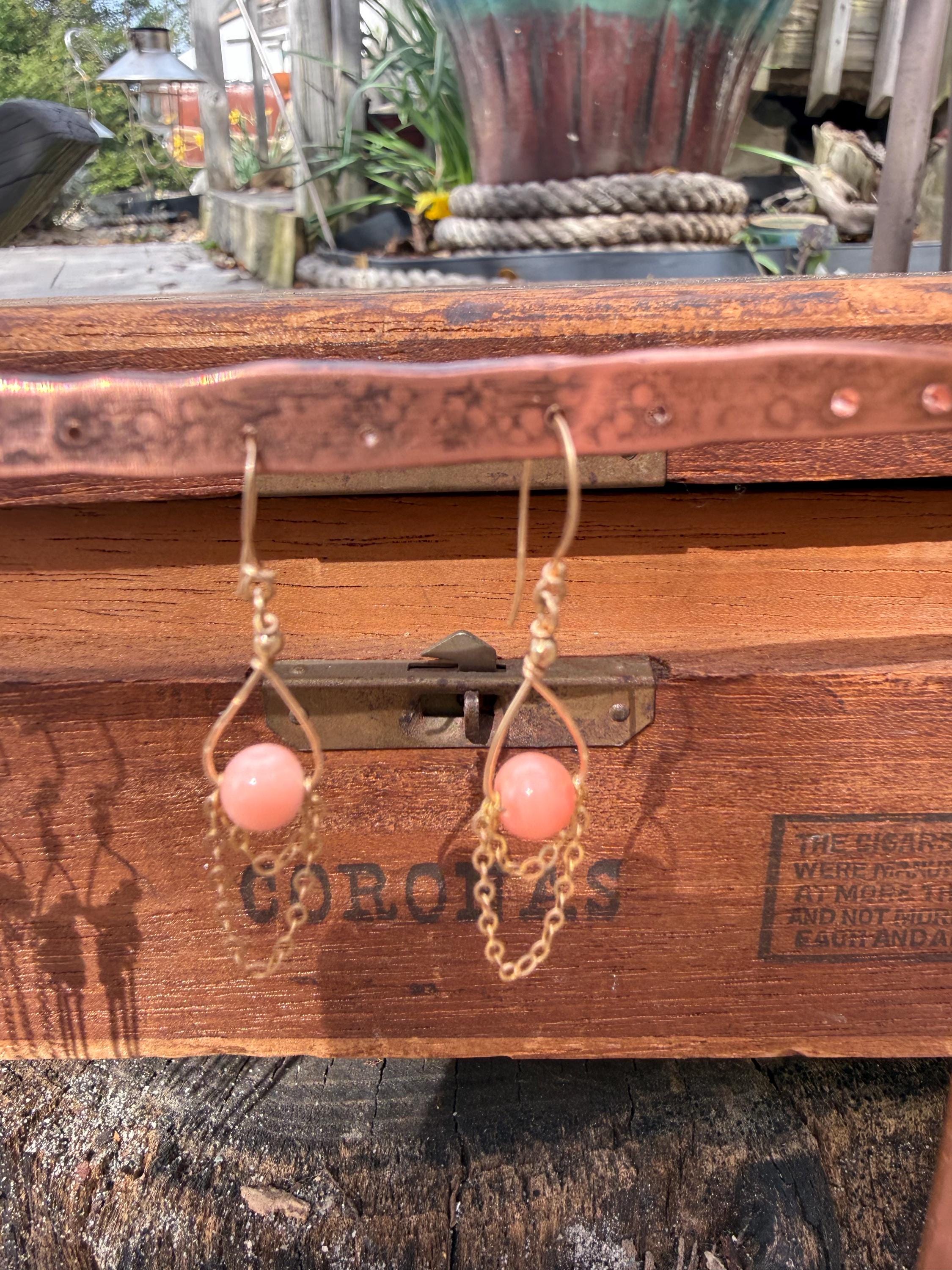 Angel Skin Coral & Chain Lightweight Dangle Earrings in 14kgf, Handmade