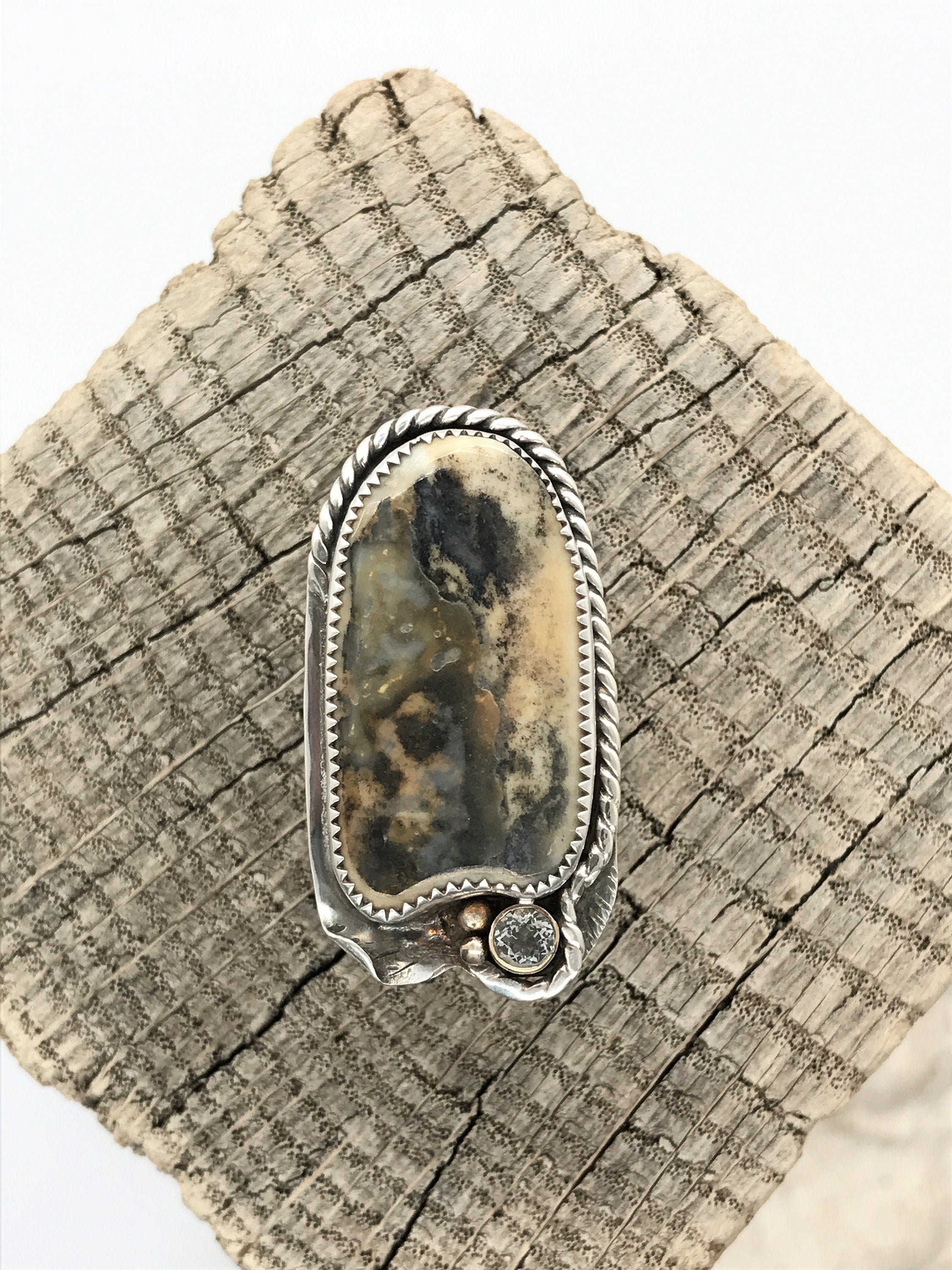 CLAM SHELL Ring Paired with a 5mm White Topaz, Handmade in Sterling and Fine Silver & 14KGF Accents