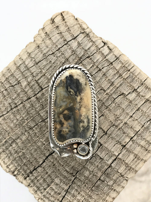 CLAM SHELL Ring Paired with a 5mm White Topaz, Handmade in Sterling and Fine Silver & 14KGF Accents