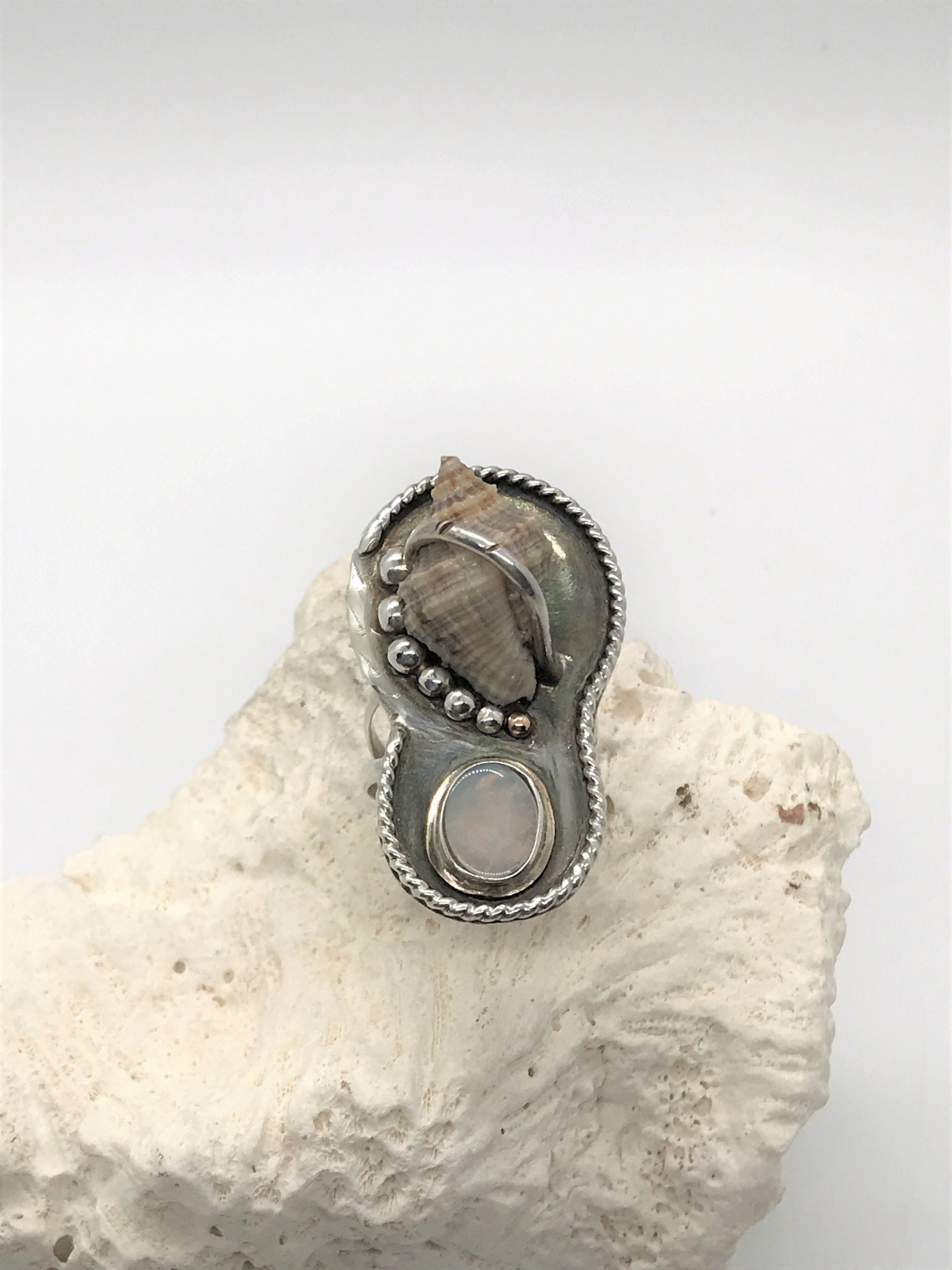 Hand-Picked Florida Rock Snail Shell, Paired with a Beautiful Opal in Mixed Metal; Truly a One of a Kind JO's Beach Inspired Artisan Ring