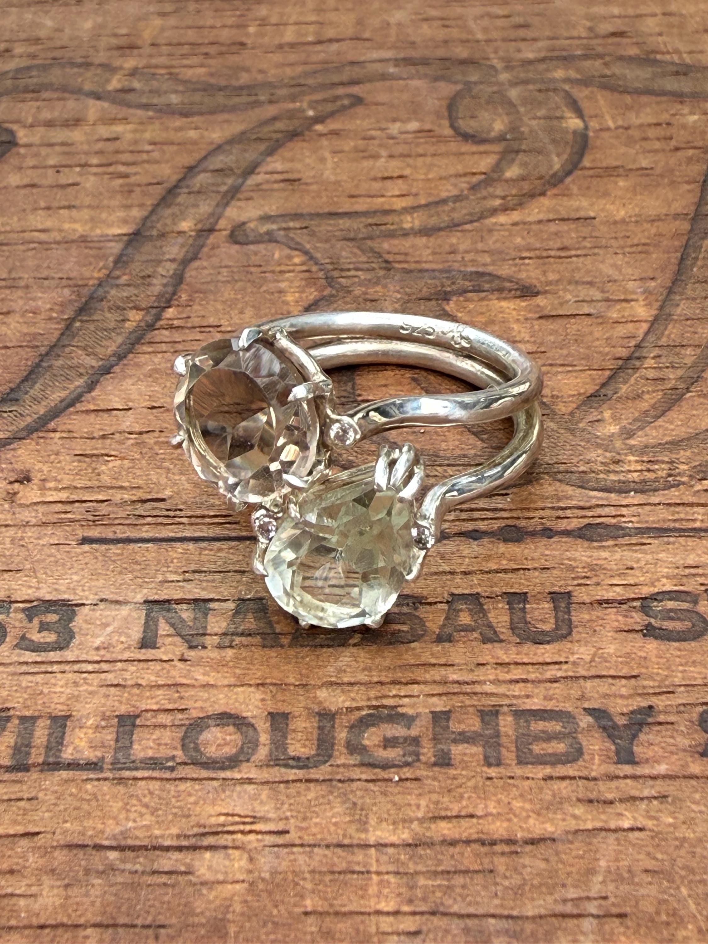 Toi et Moi or 'You and Me' Handmade Ring in Smoky Topaz and Green Flourite, with 4 tiny diamonds and Sterling Silver,  Size 7